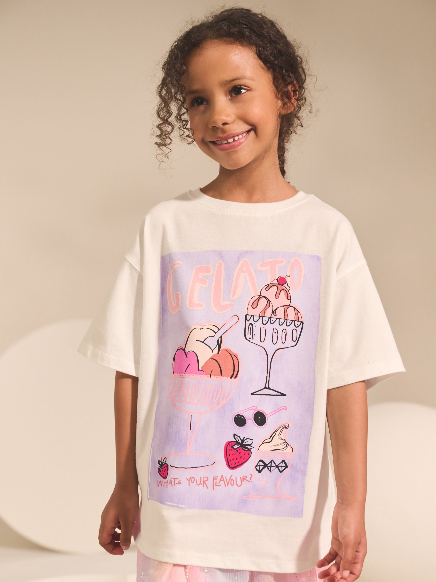 Gelato Ecru White Oversized Graphic Print T-Shirt (3-16yrs)