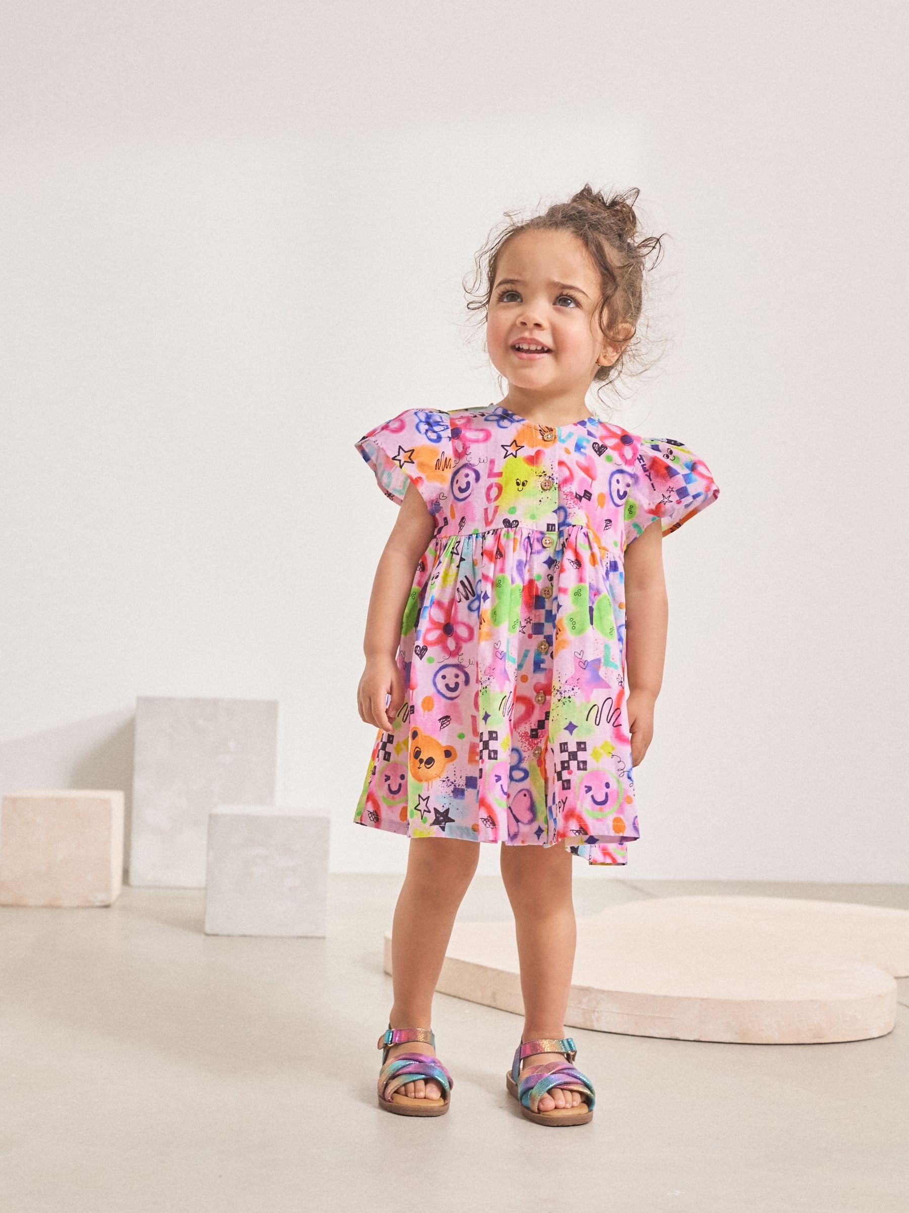 Multi Pink Graffiti Button Up Summer Dress (3mths-10yrs)