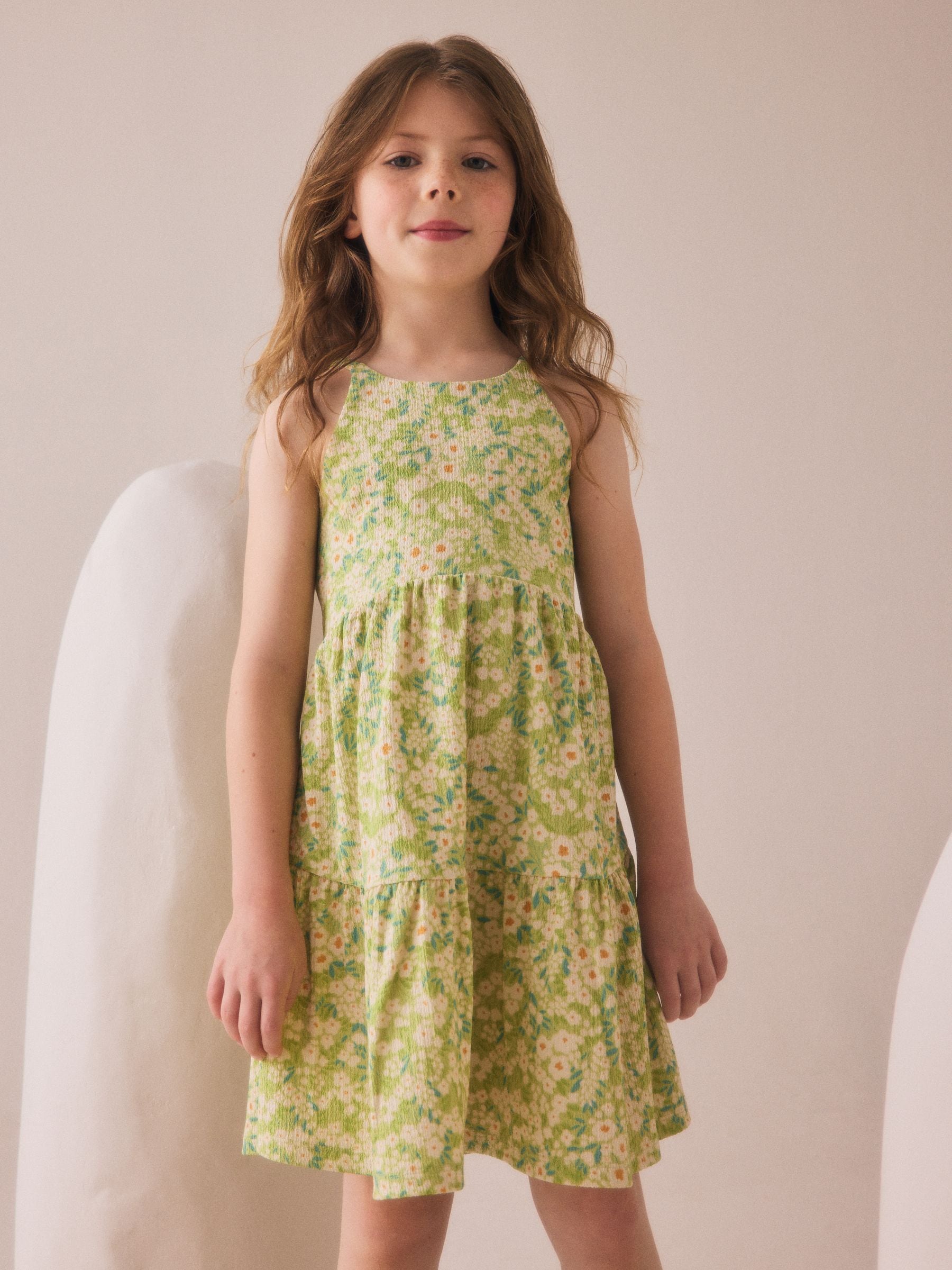 Light Green Flower Print Strappy Crinkle Summer Dress (3-16yrs)