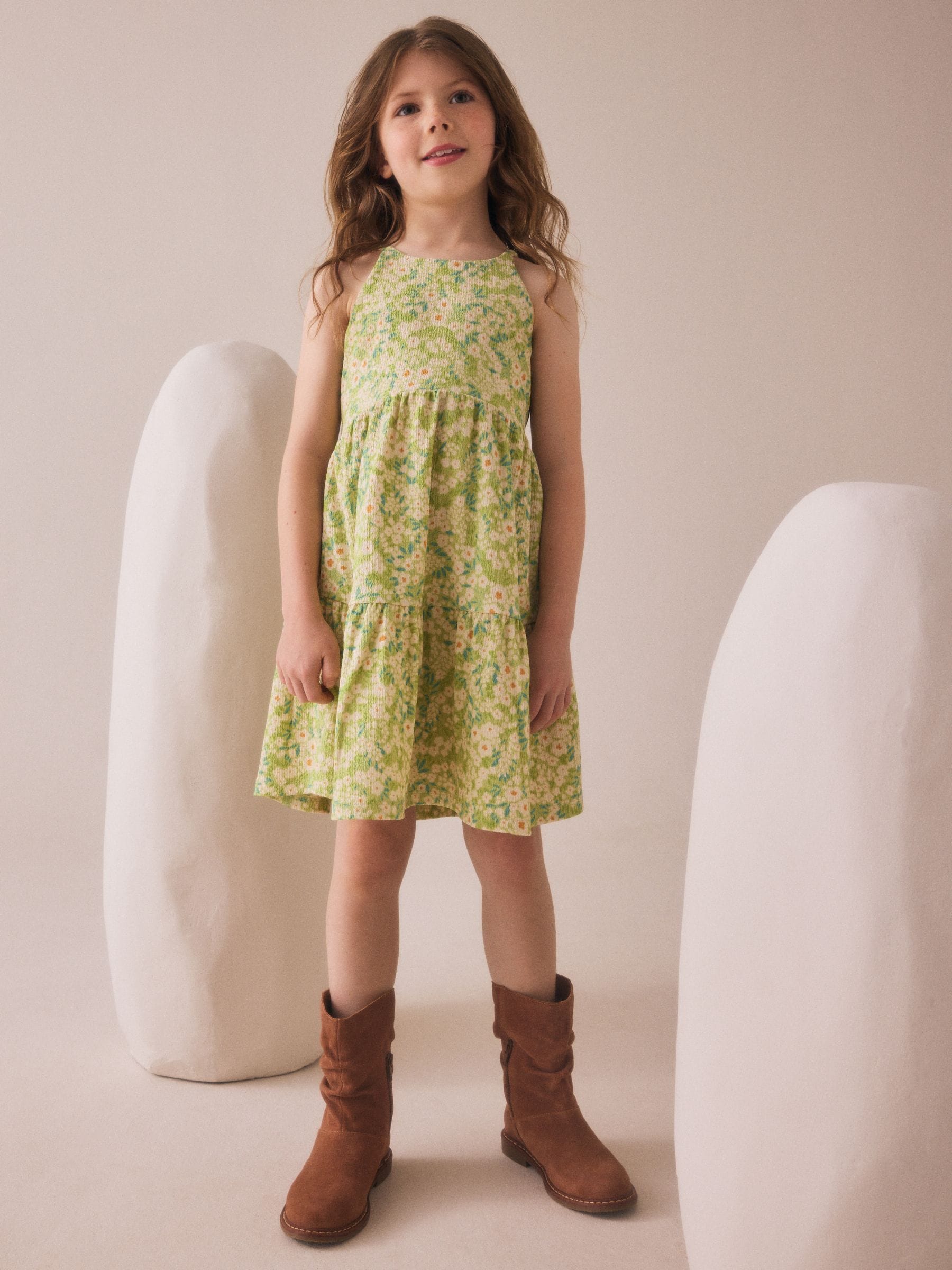 Light Green Flower Print Strappy Crinkle Summer Dress (3-16yrs)