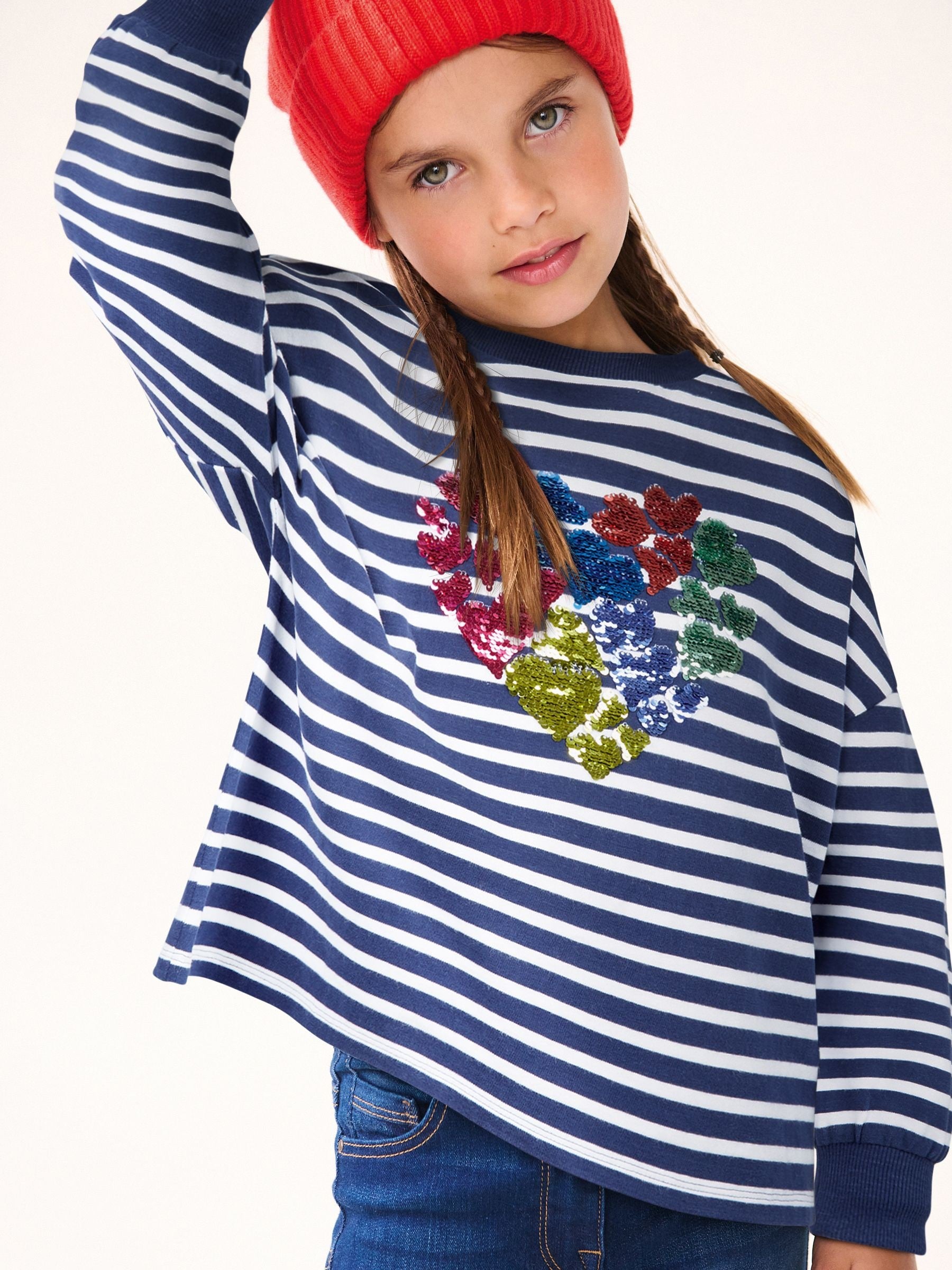 Navy Stripe 100% Cotton Sequin Heart Long Sleeve T-Shirt (3-16yrs)