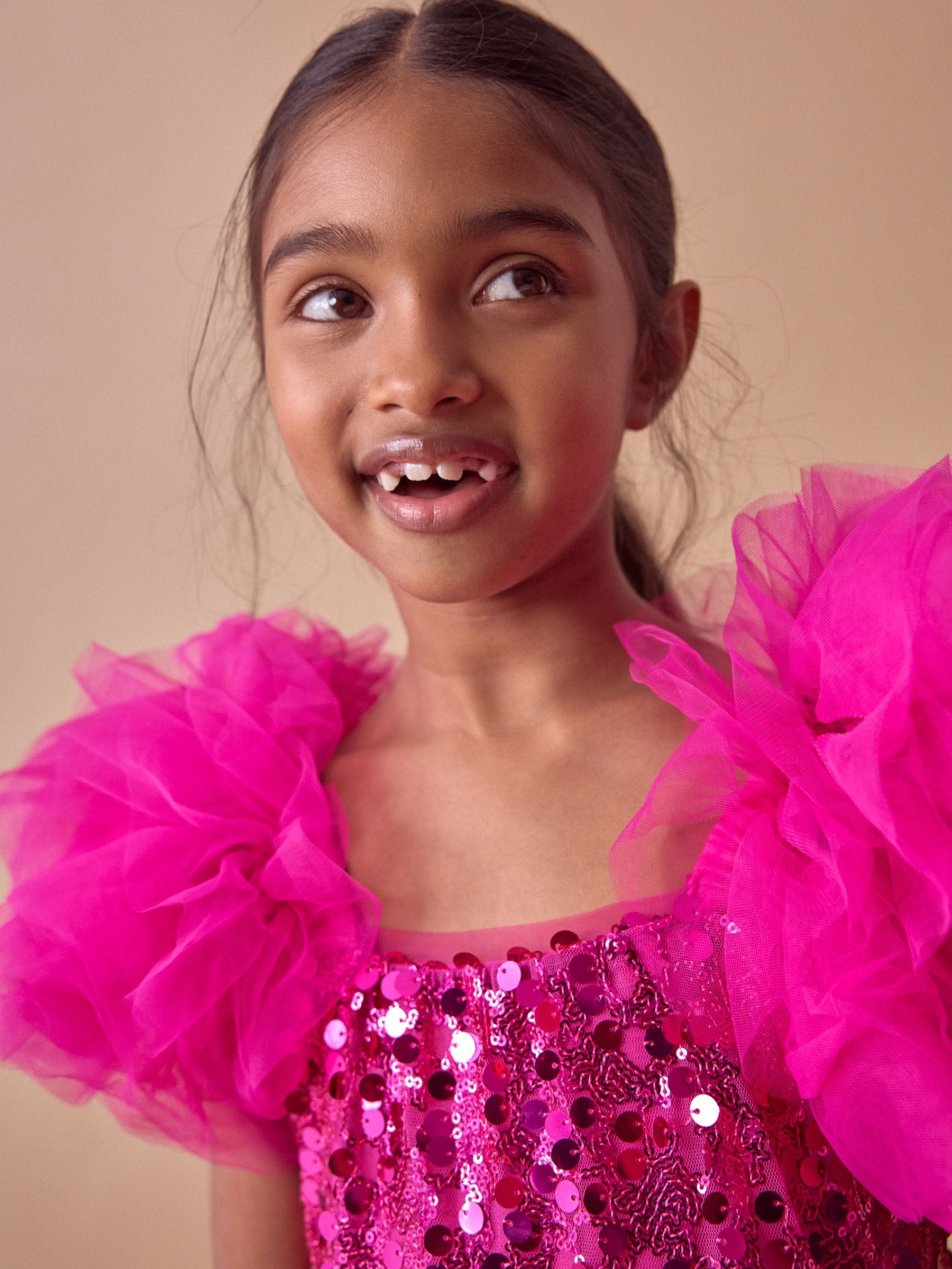 Pink Puff Sleeve Sequin Party Dress (3-14yrs)