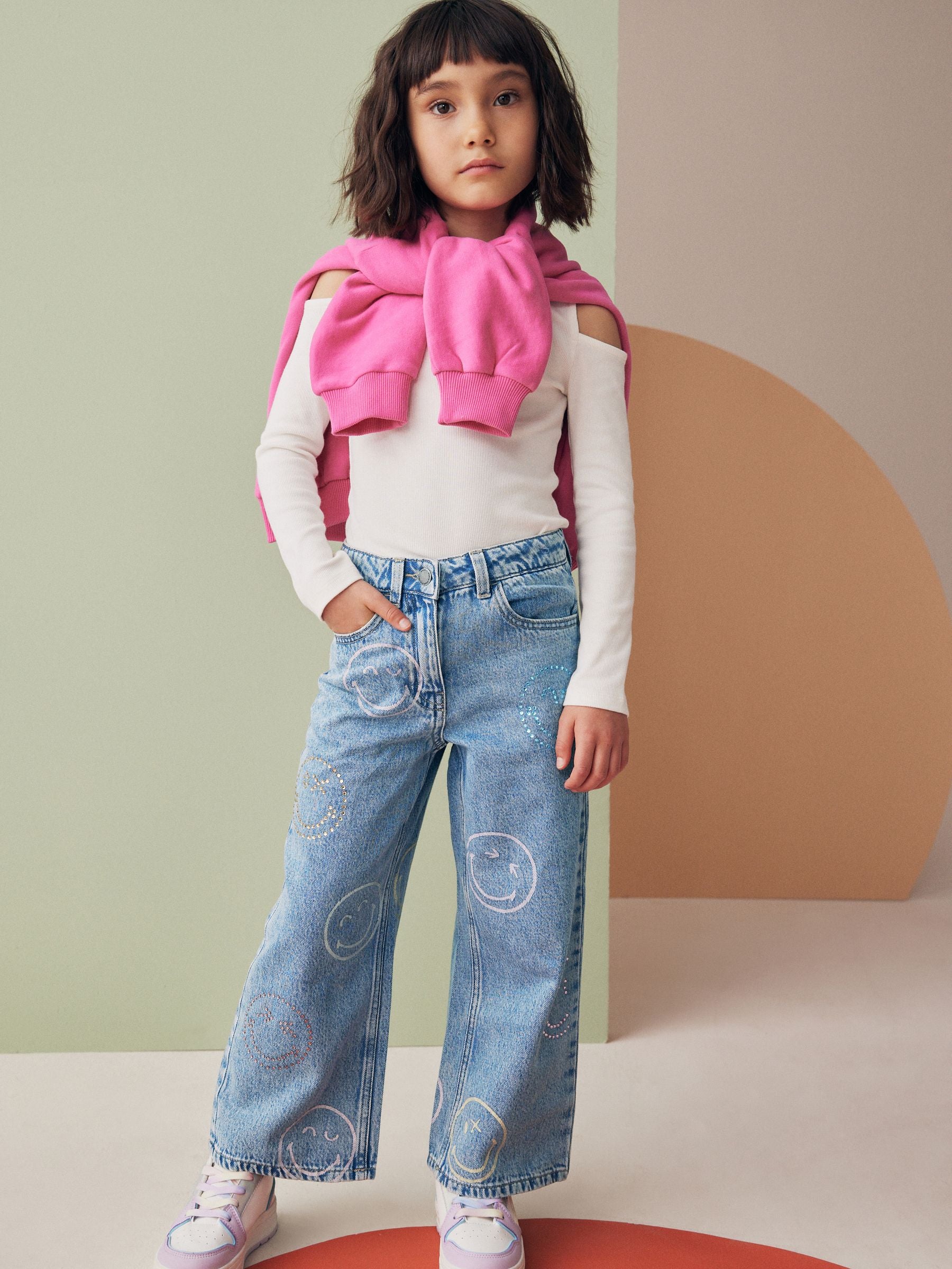 Mid Blue Denim SmileyWorld® Wide Leg 100% Cotton Jeans (3-16yrs)