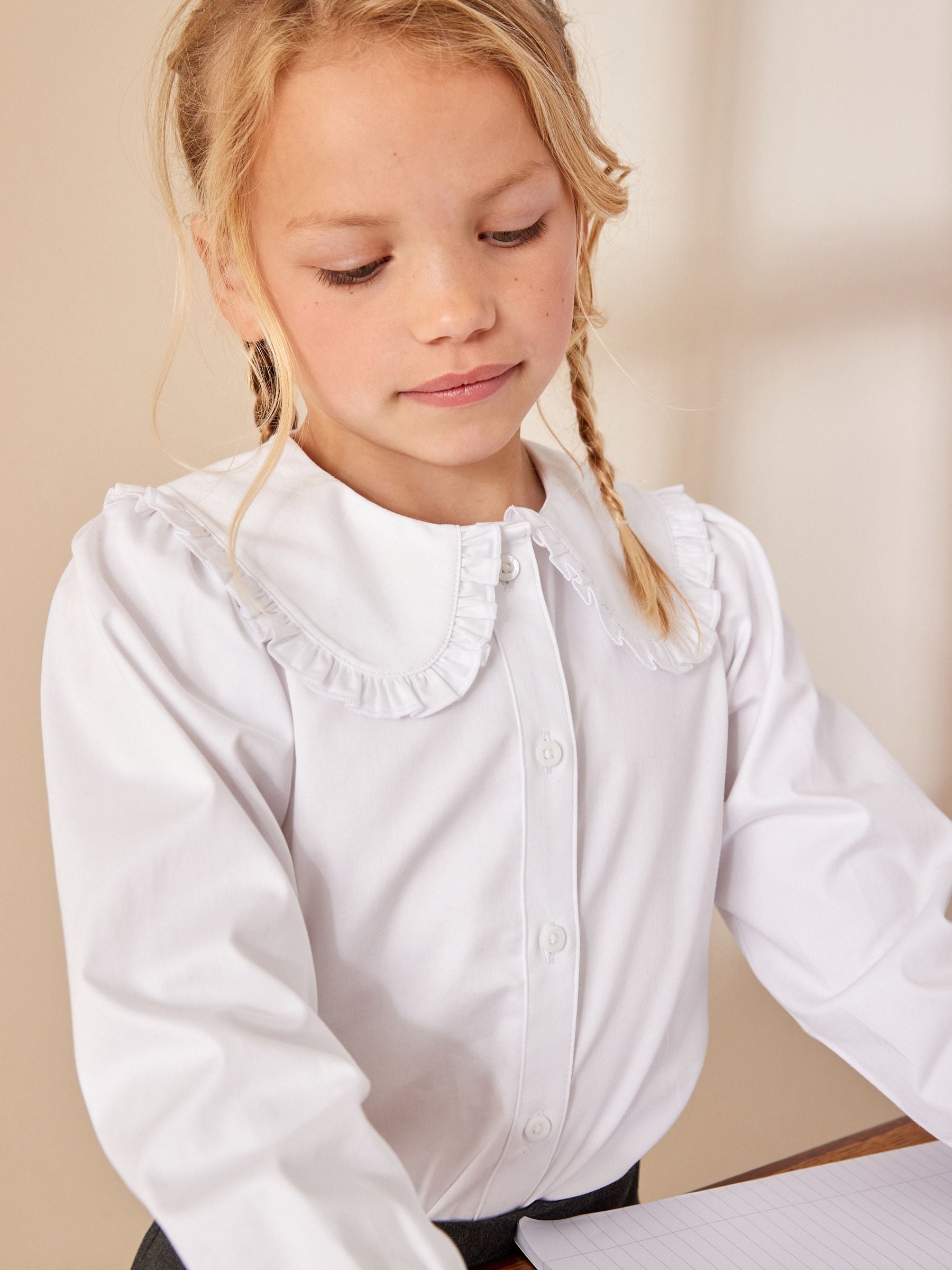 White Premium Cotton Stretch Frill Collar Long Sleeve School Blouse (3-14yrs)