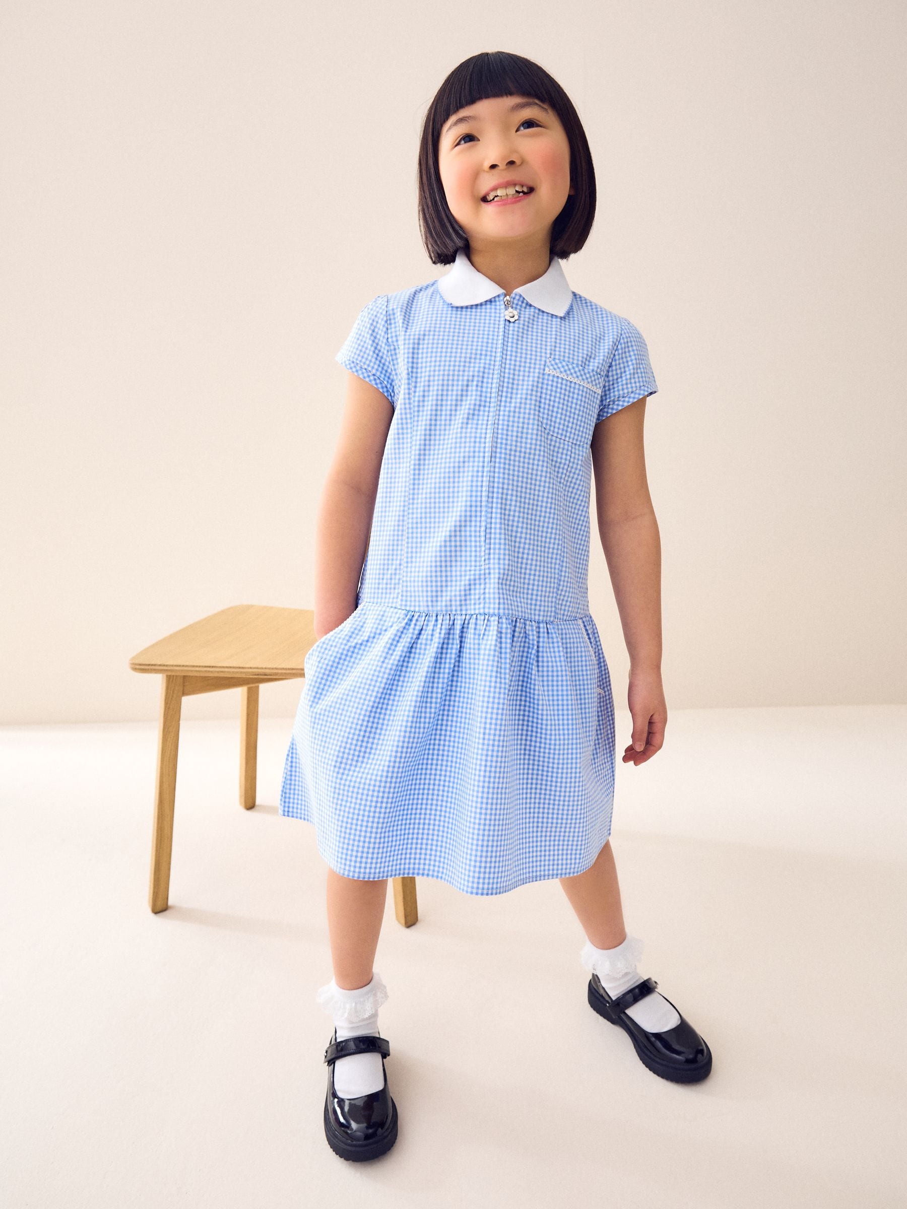 Blue Zip Front Cotton Rich Gingham School Dress (3-14yrs)