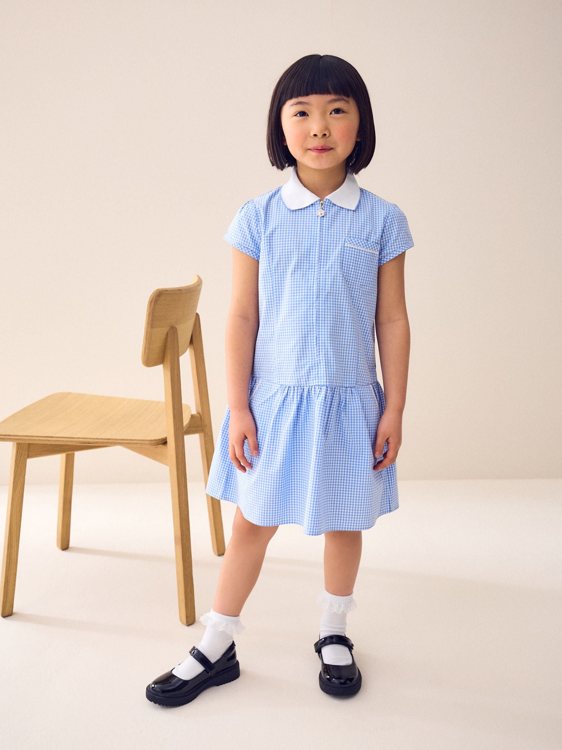 Blue Zip Front Cotton Rich Gingham School Dress (3-14yrs)