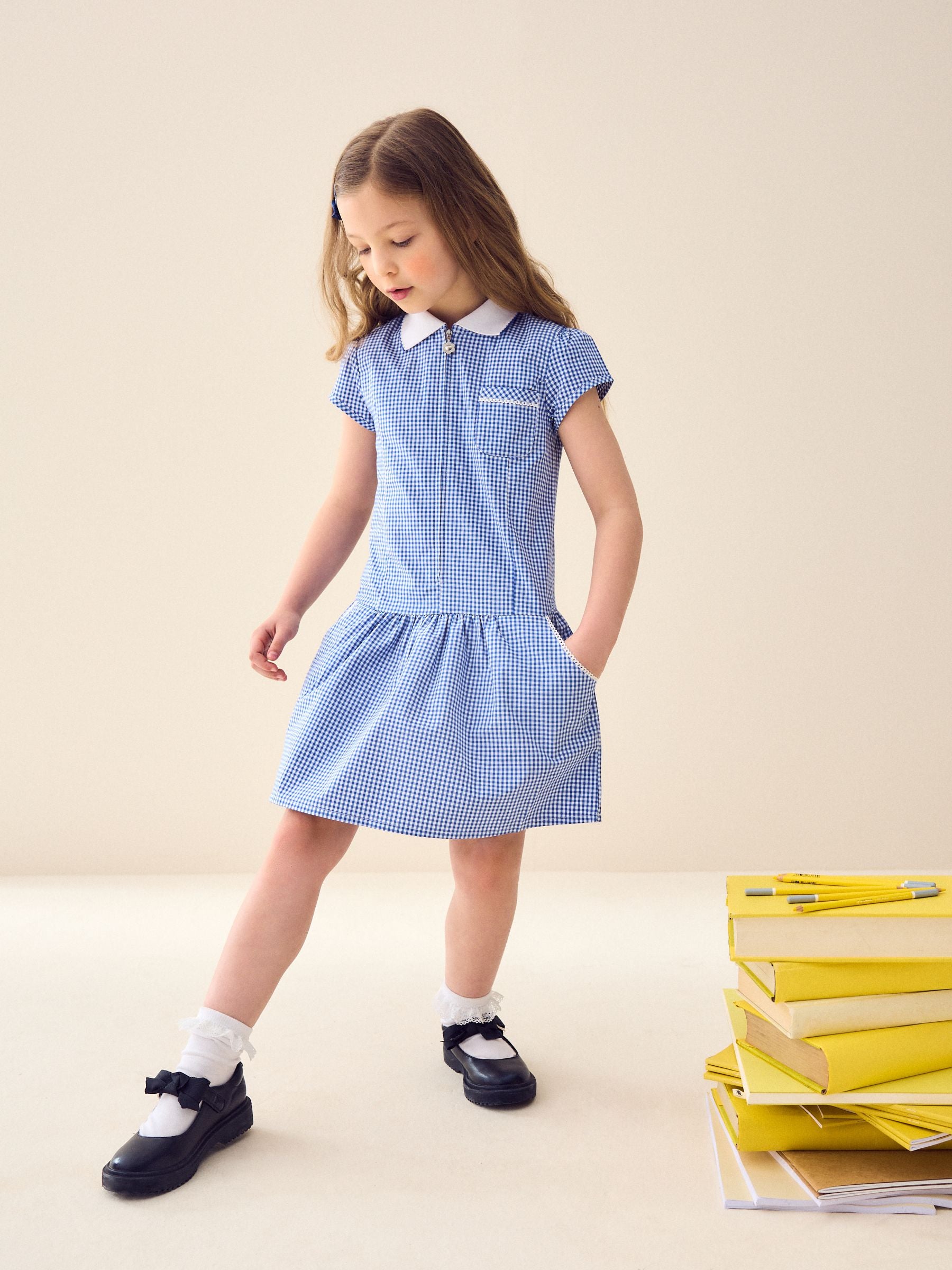 Mid Blue Zip Front Cotton Rich Gingham School Dress (3-14yrs)