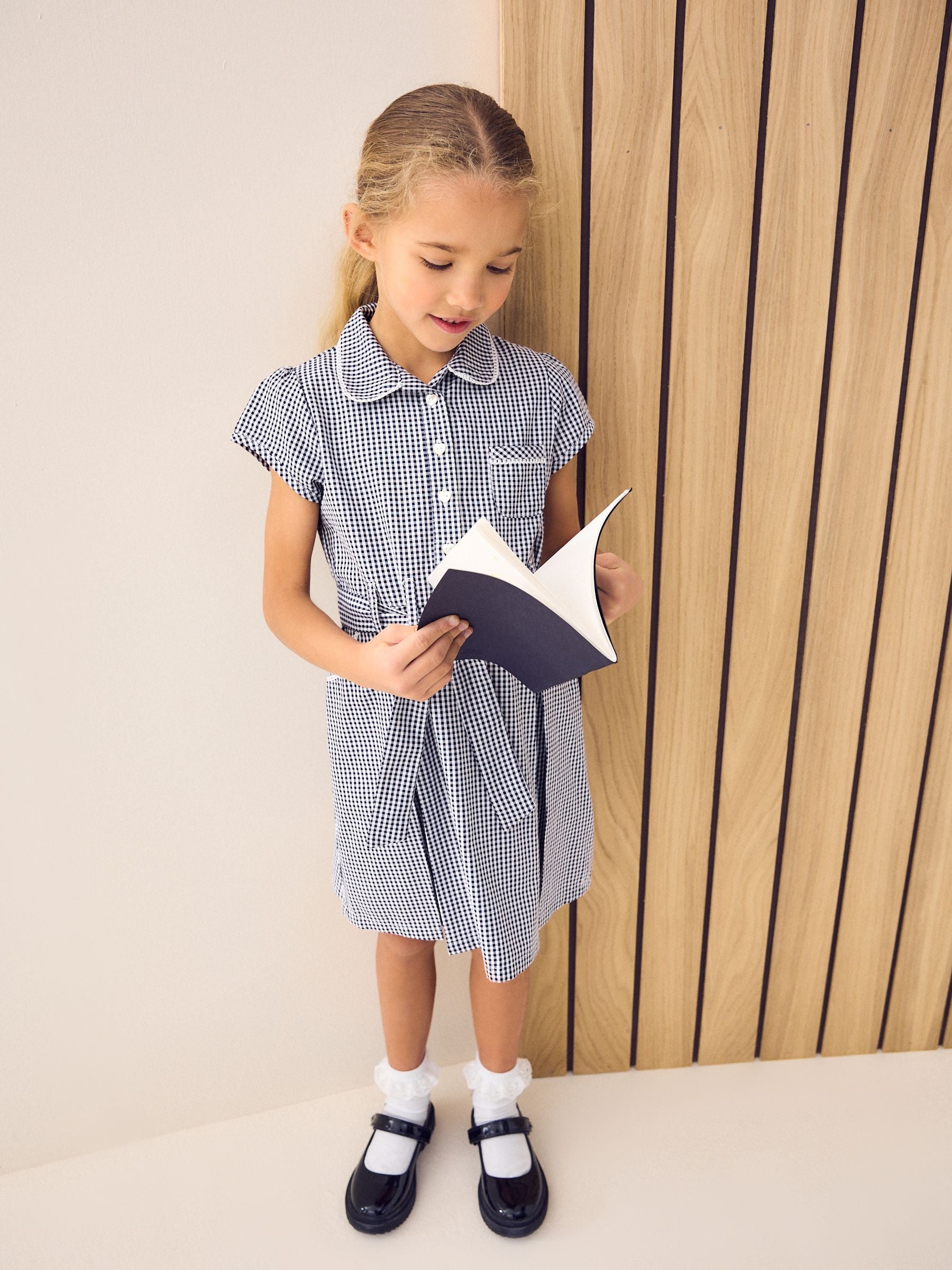 Navy Blue Gingham Cotton Rich Belted School Dress with Scrunchie (3-14yrs)