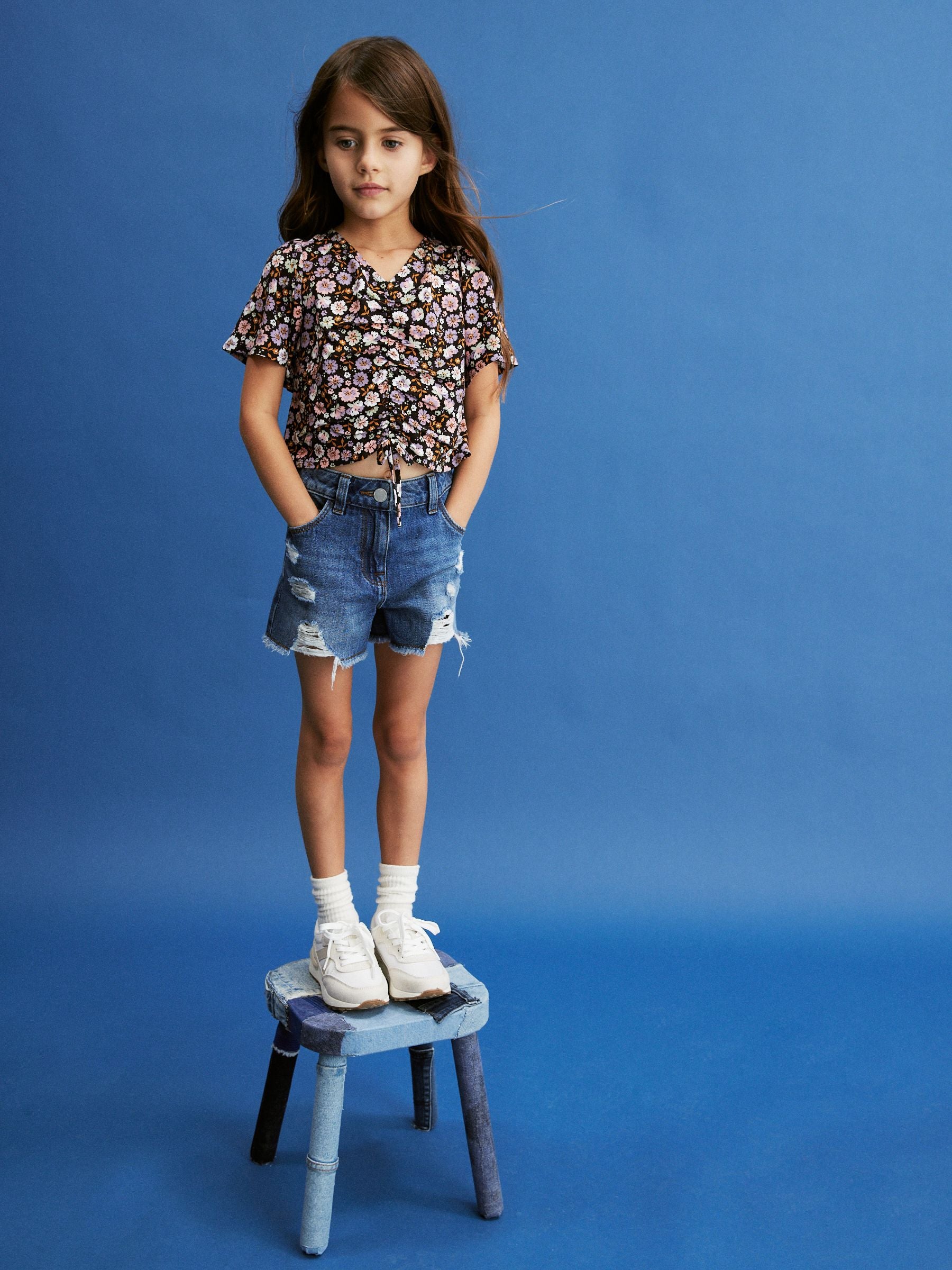 Mid Blue 100% Cotton Frayed Edge Distressed Shorts (3-16yrs)