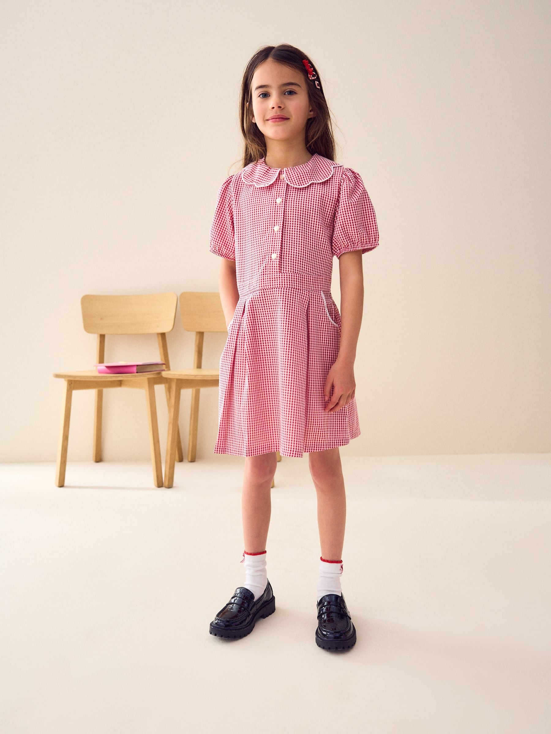 Red Cotton Rich Scalloped Collar Gingham School Dress (3-14yrs)