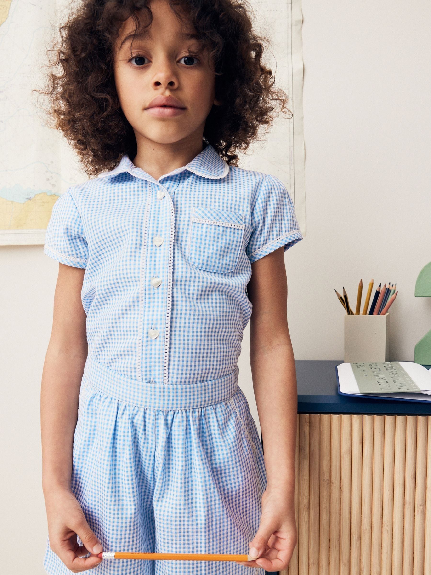 Blue Pull-on Cotton Rich School Gingham Shorts (3-14yrs)