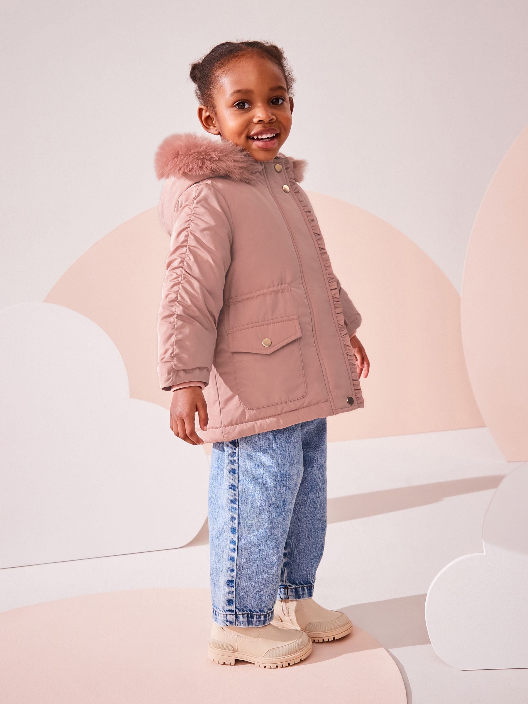 Pink Shower Resistant Frill Pocket Parka Coat (3mths-7yrs)