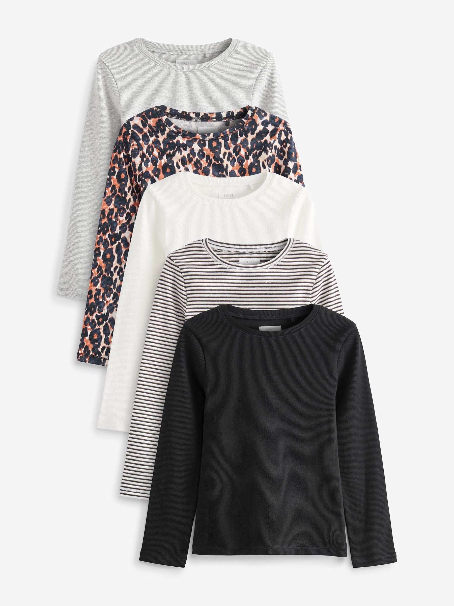 Black/Animal/White/Stripe 5 Pack Ribbed Long Sleeve Tops (3-16yrs)