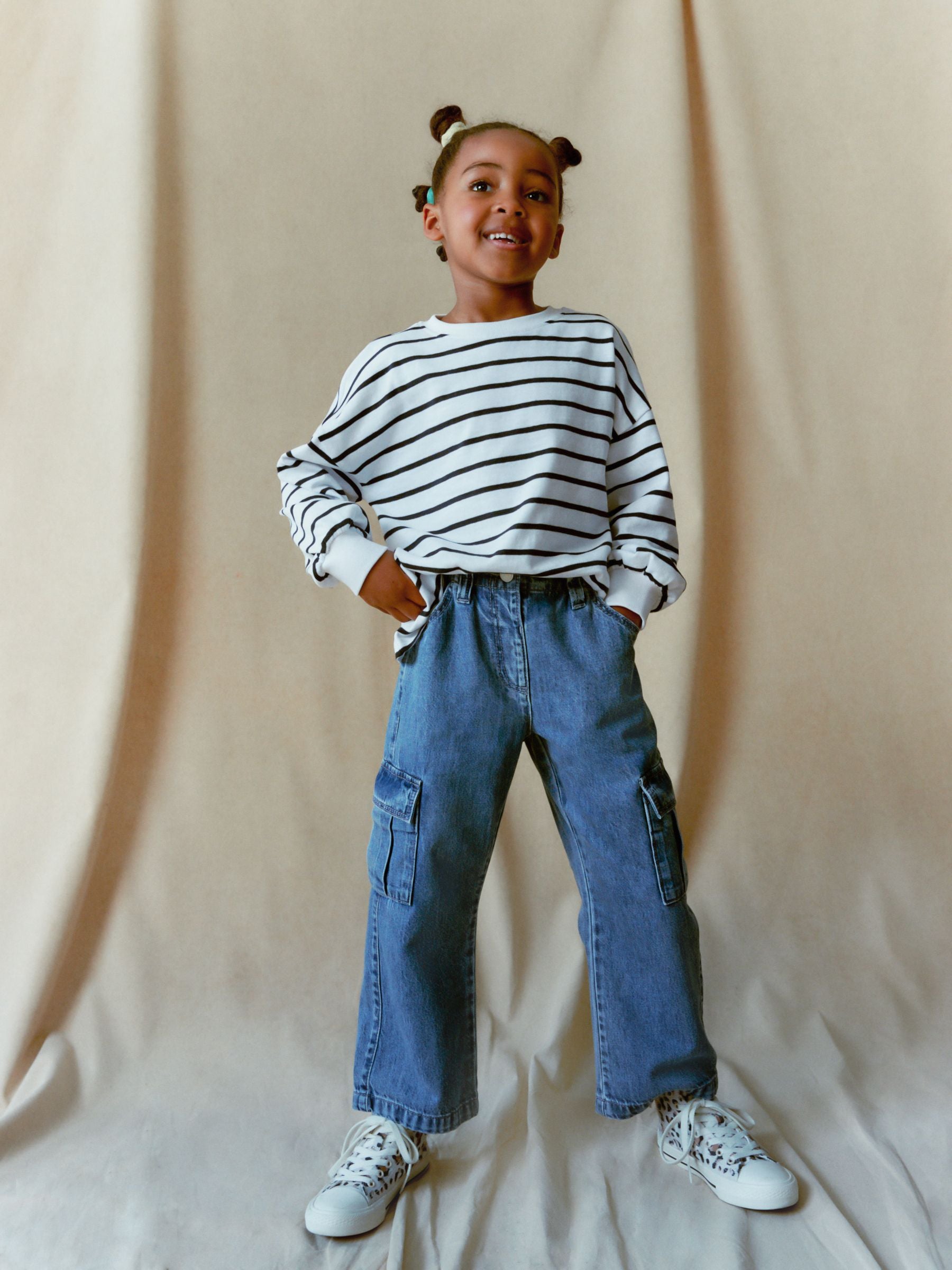 Mid Blue Denim Wide Leg 100% Cotton Cargo Trousers (3-16yrs)