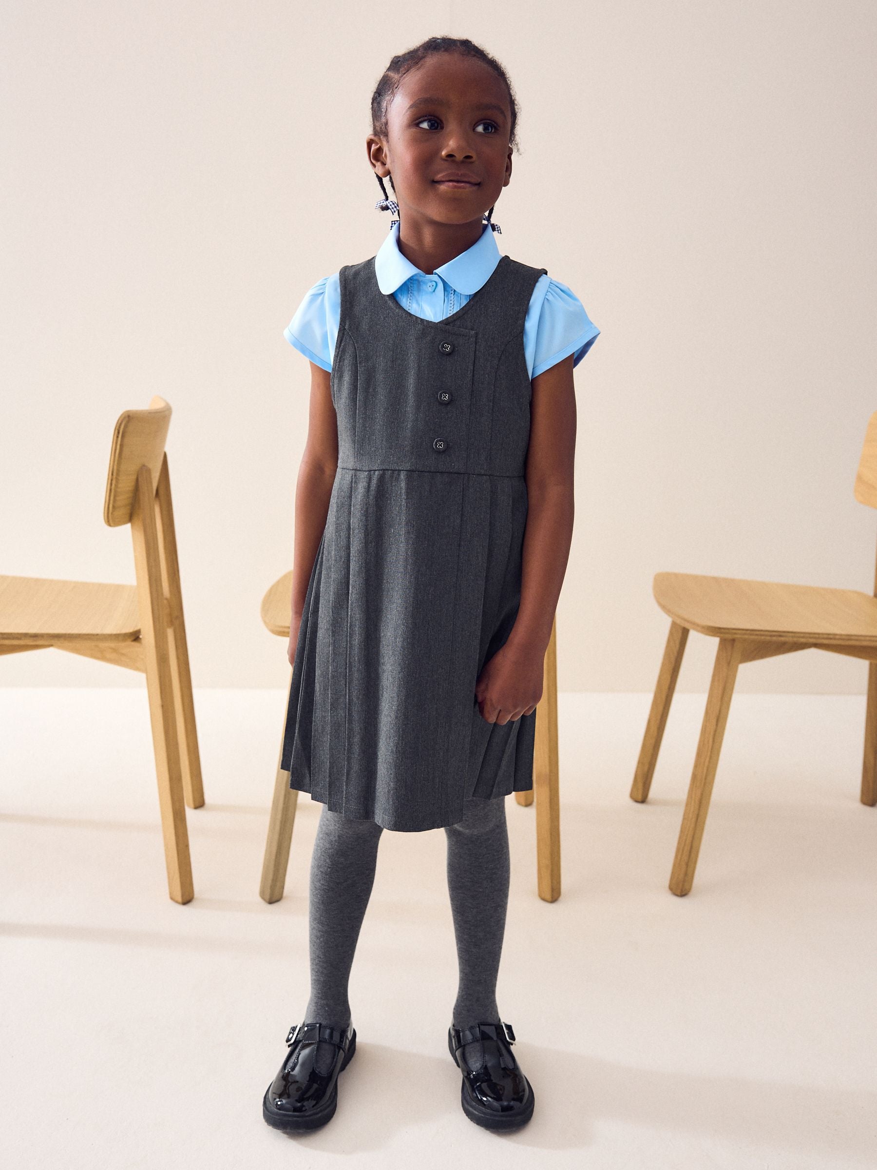 Grey Asymmetric Button Front Pinafore School Dress (3-14yrs)