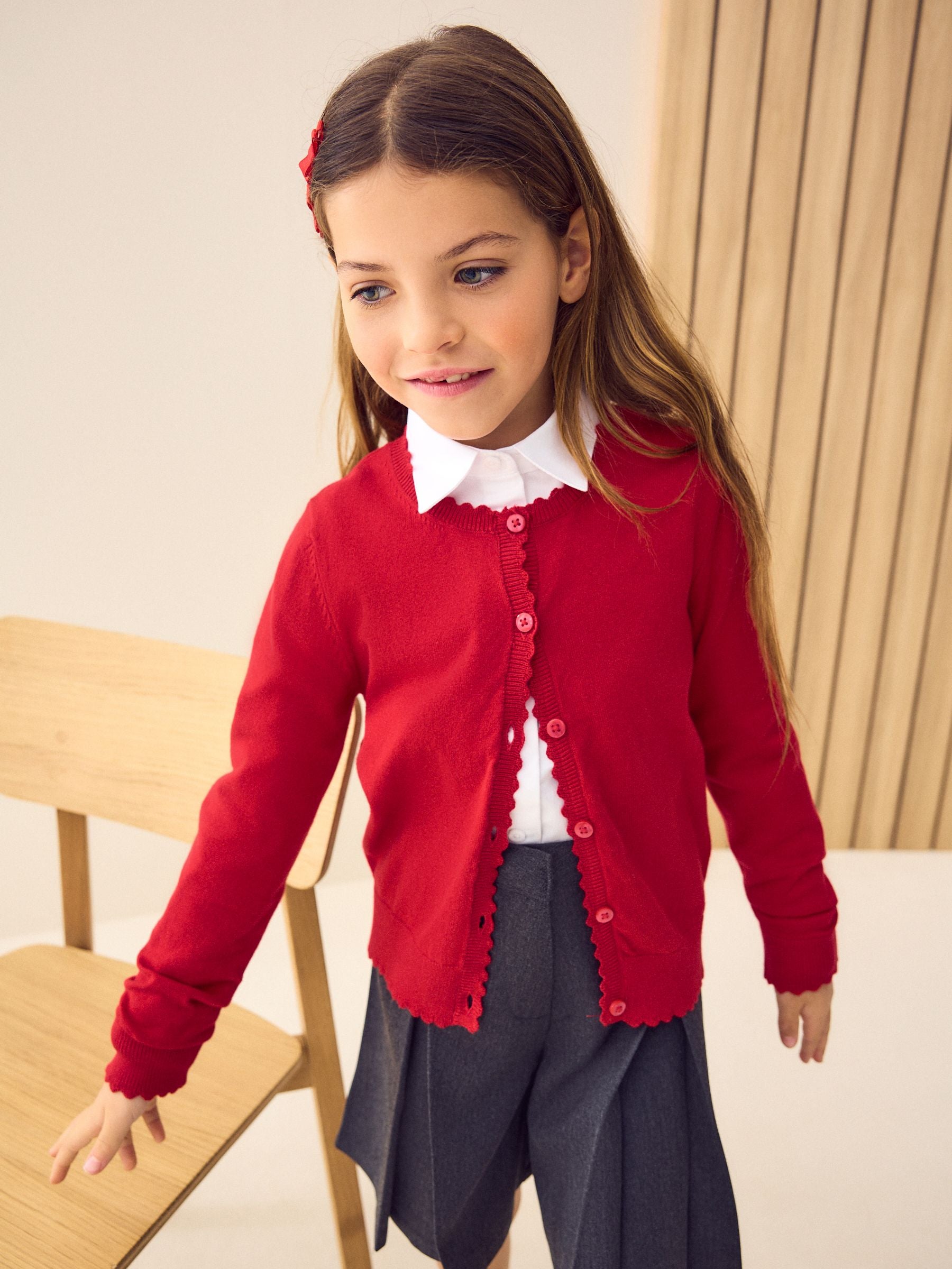 Red Cotton Rich Scalloped Edge School Cardigan (3-16yrs)