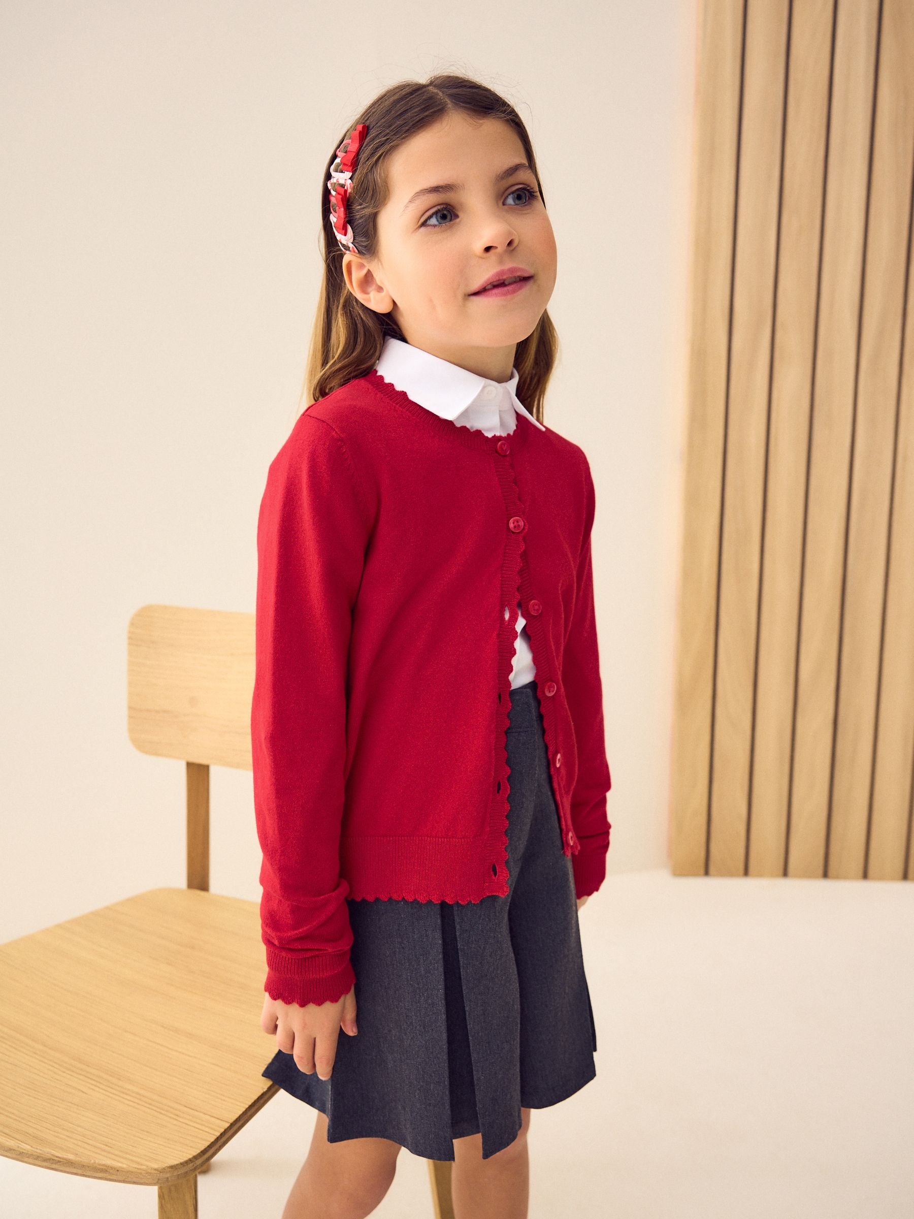 Red Cotton Rich Scalloped Edge School Cardigan (3-16yrs)