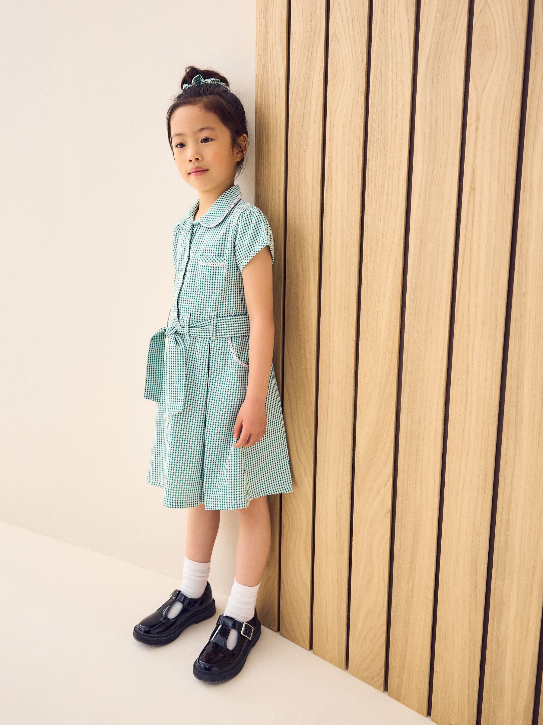Green Gingham Cotton Rich Belted School Dress with Scrunchie (3-14yrs)