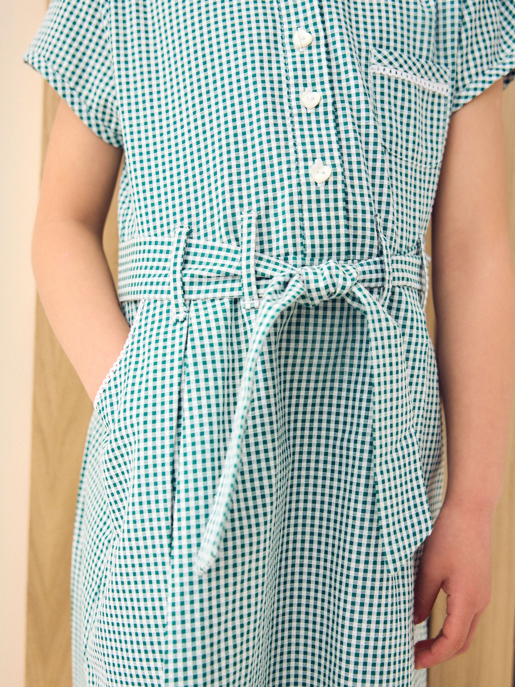 Green Gingham Cotton Rich Belted School Dress with Scrunchie (3-14yrs)