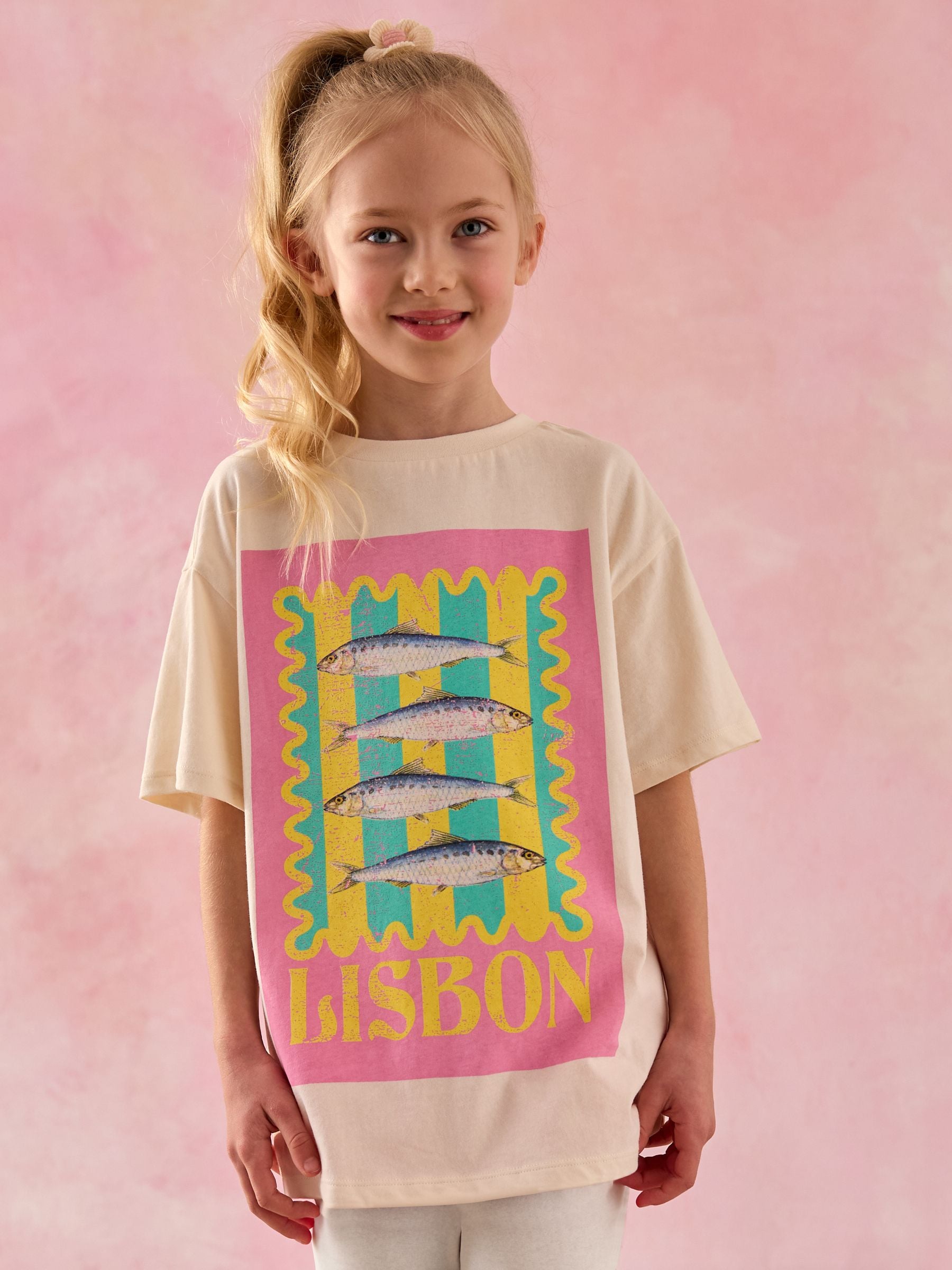 Ecru/Pink Sardine Oversized Graphic Print T-Shirt (3-16yrs)