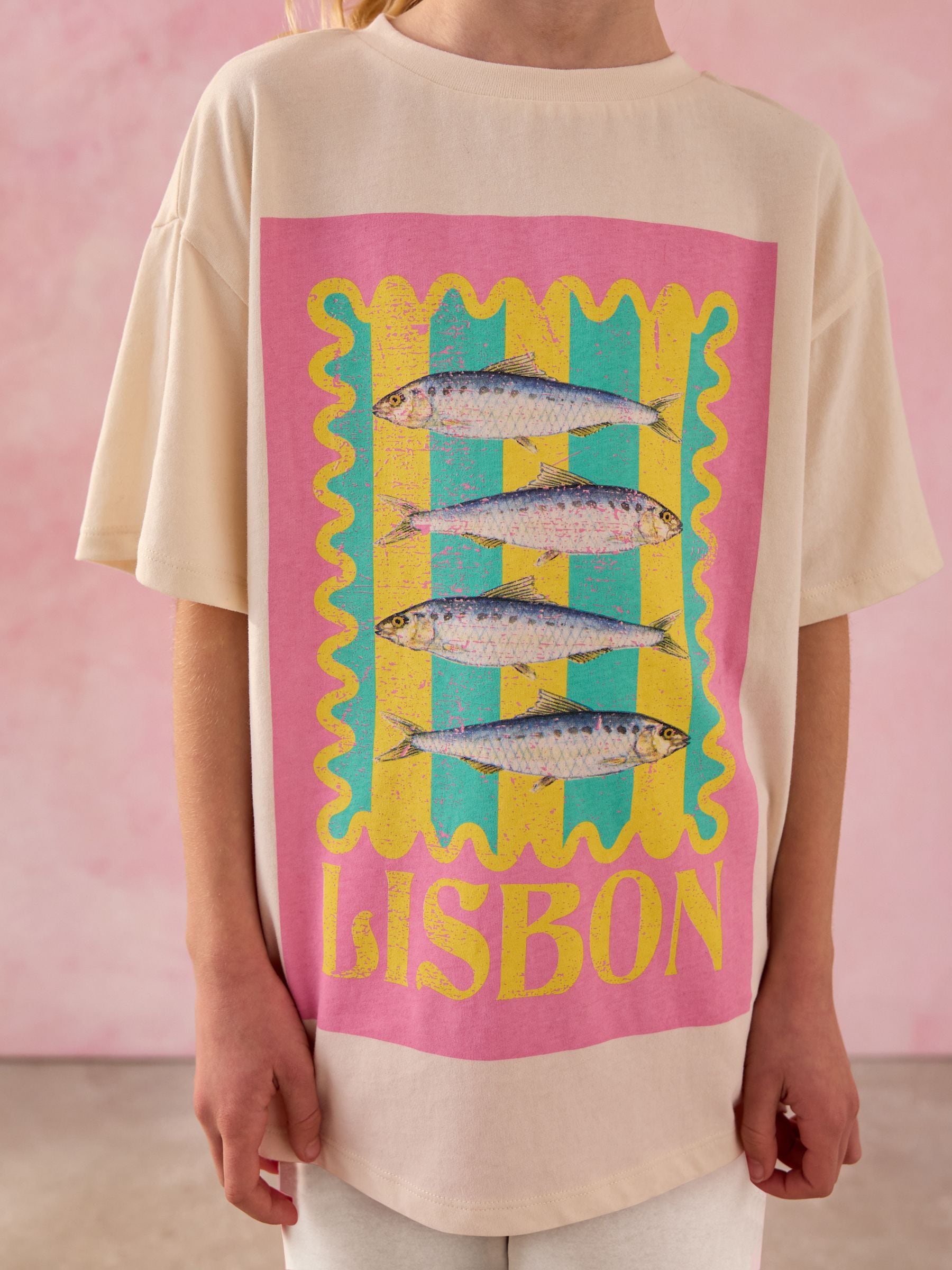 Ecru/Pink Sardine Oversized Graphic Print T-Shirt (3-16yrs)