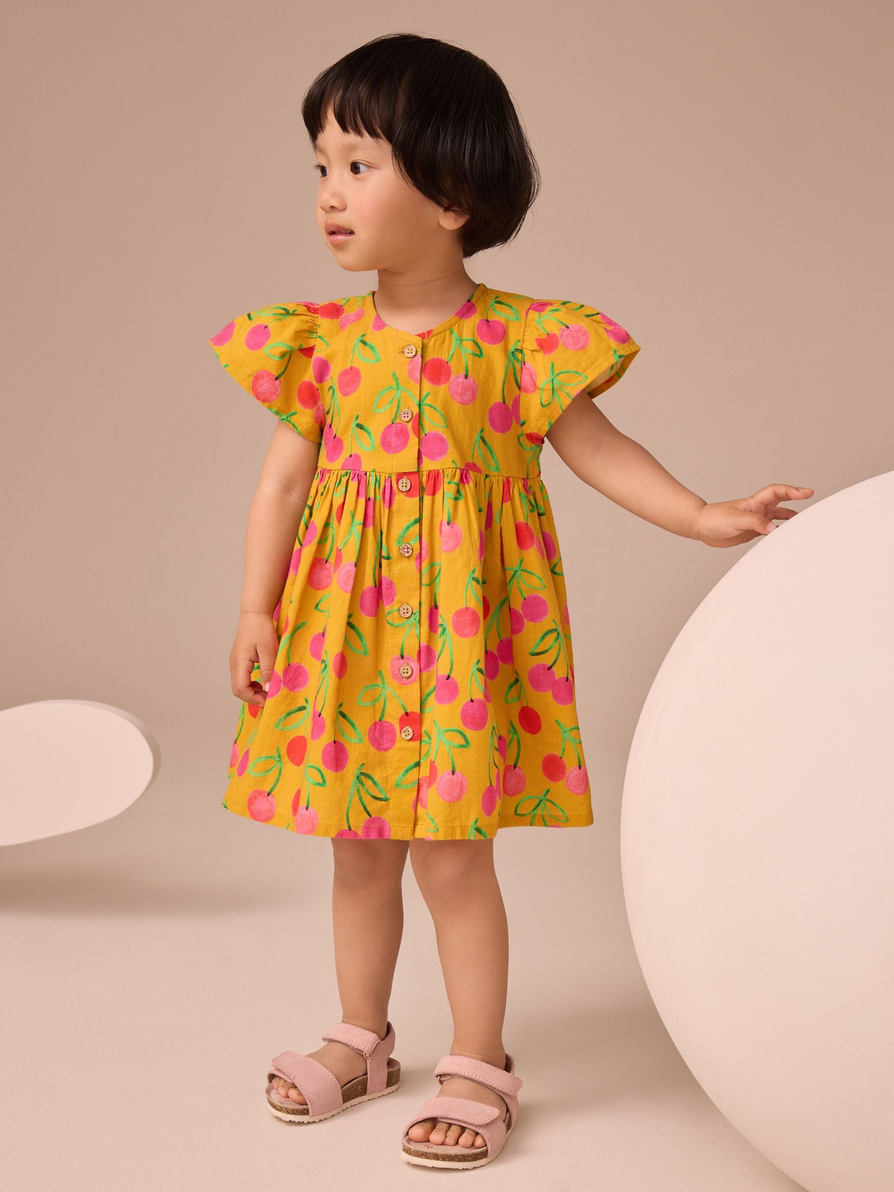 Ochre Yellow Cherry Print Button Up Summer Dress (3mths-10yrs)