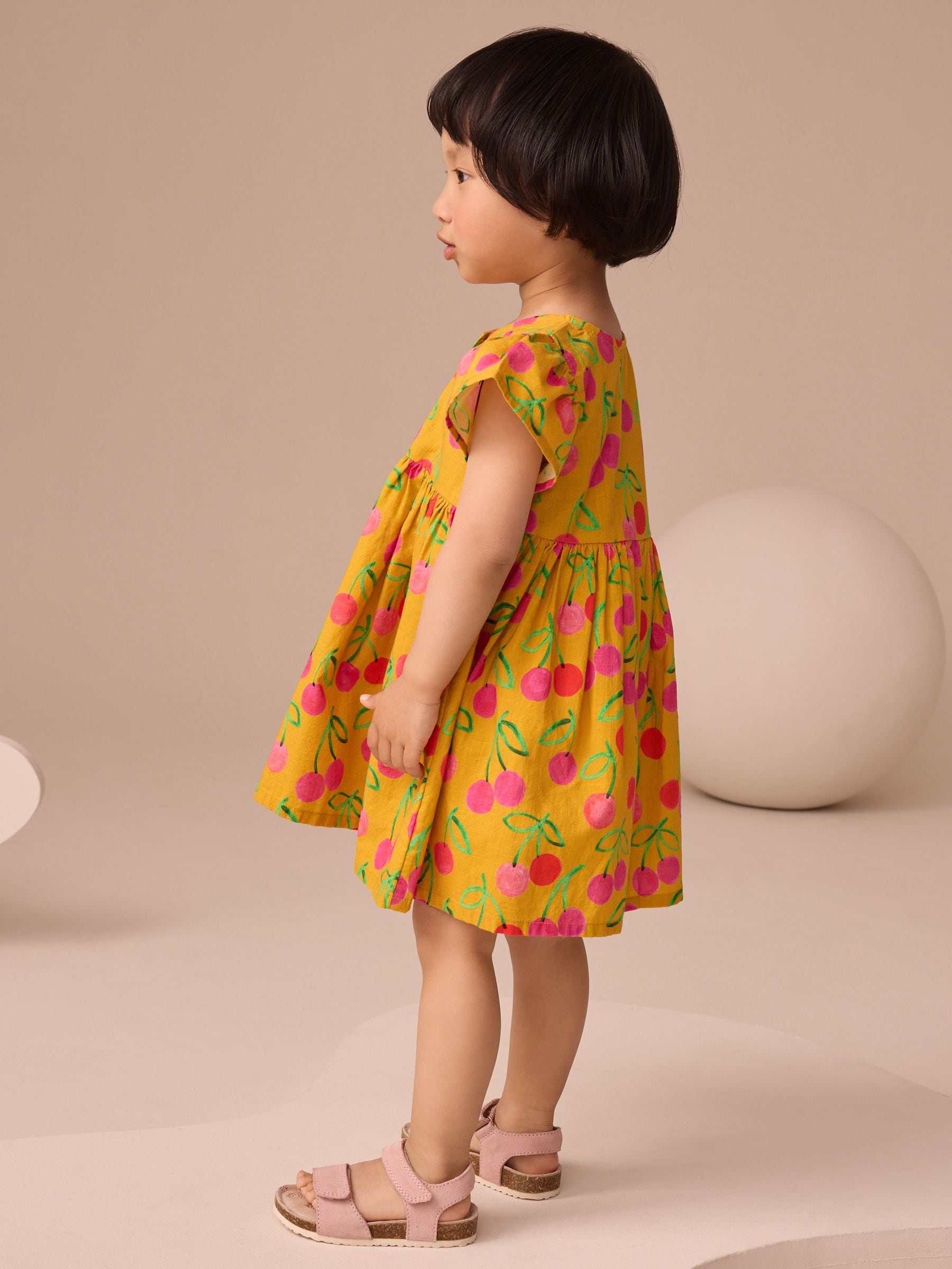 Ochre Yellow Cherry Print Button Up Summer Dress (3mths-10yrs)