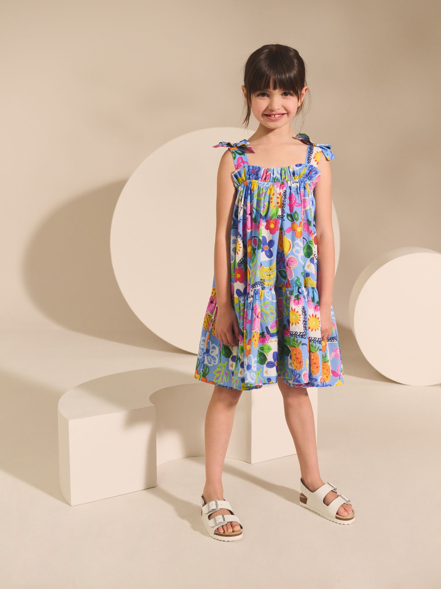 Blue Tropical Bow Strappy Summer Dress (3-16yrs)