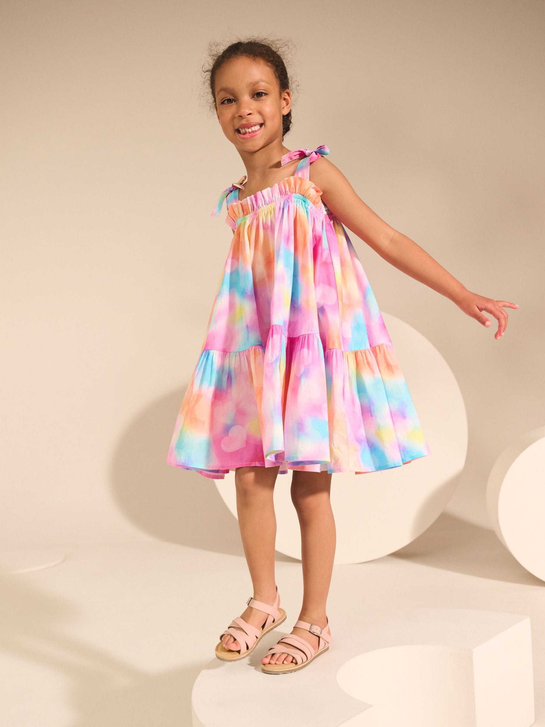 Rainbow Marble Print Bow Strappy Summer Dress (3-16yrs)