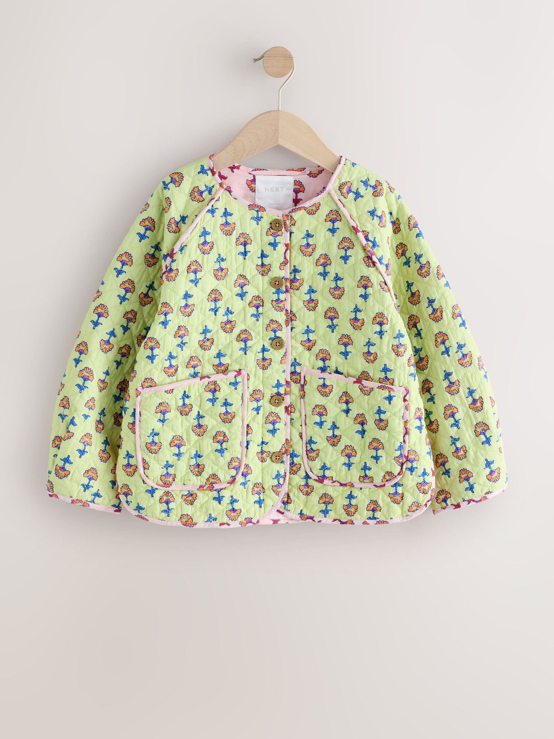 Lime Green Floral Print Quilted Jacket (3-16yrs)