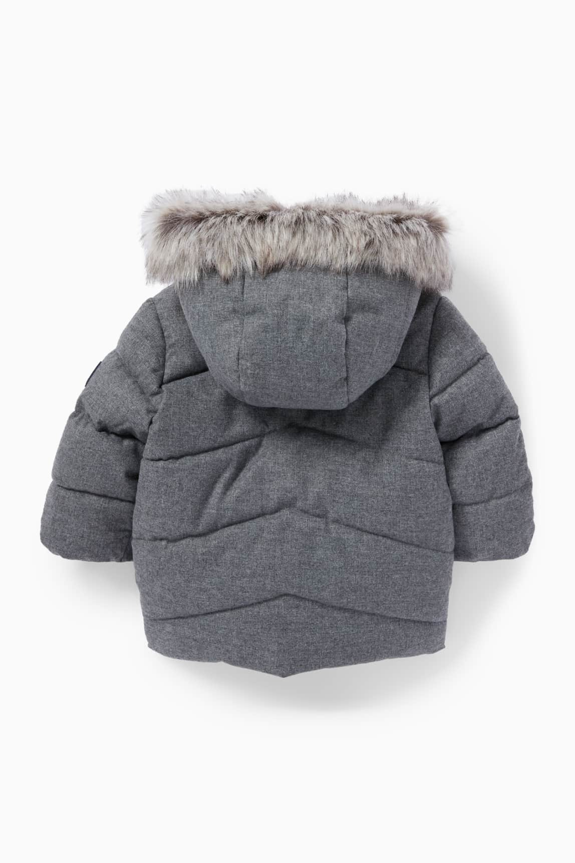 Baby jacket with hood and faux fur trim