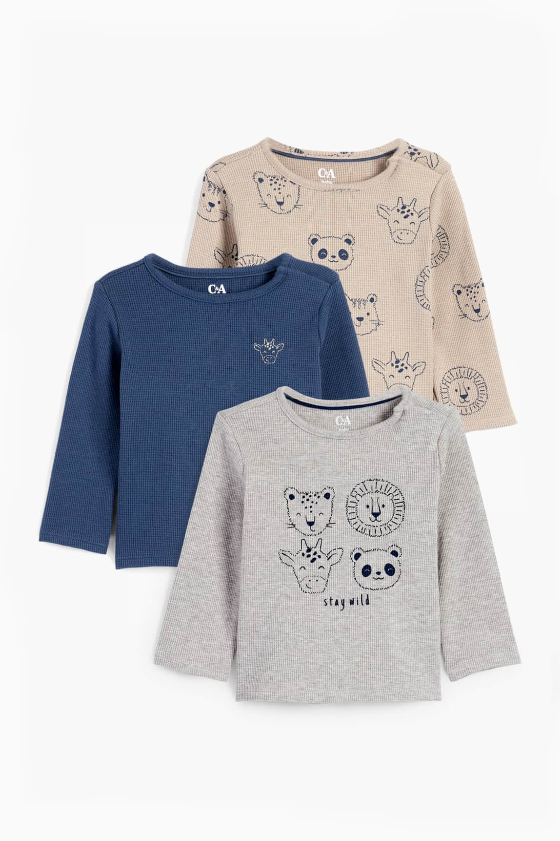 Multipack of 3 - wild animals - baby long sleeve T-shirt - textured