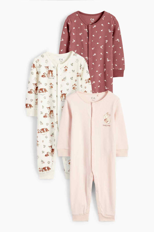 Multipack of 3 - bunny rabbit and fawn - baby sleepsuit