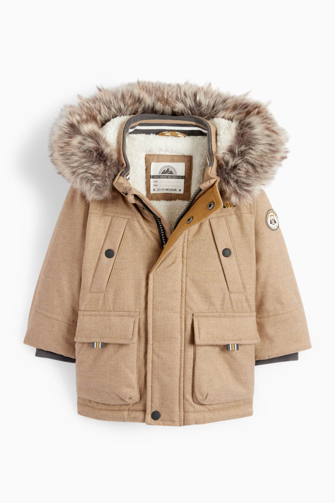 Baby parka with hood and faux fur trim - winter