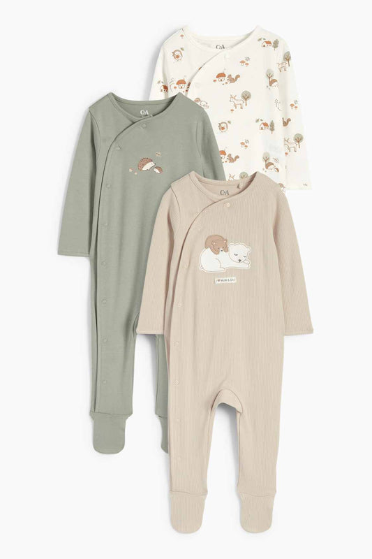 Multipack of 3 - woodland animals - baby sleepsuit