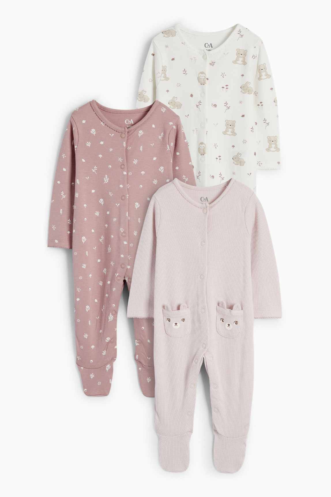 Multipack of 3 - flowers and animals - baby sleepsuit