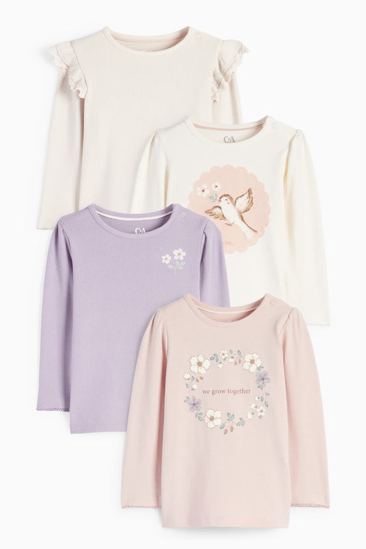 Multipack of 4 - flowers and little bird - baby long sleeve top