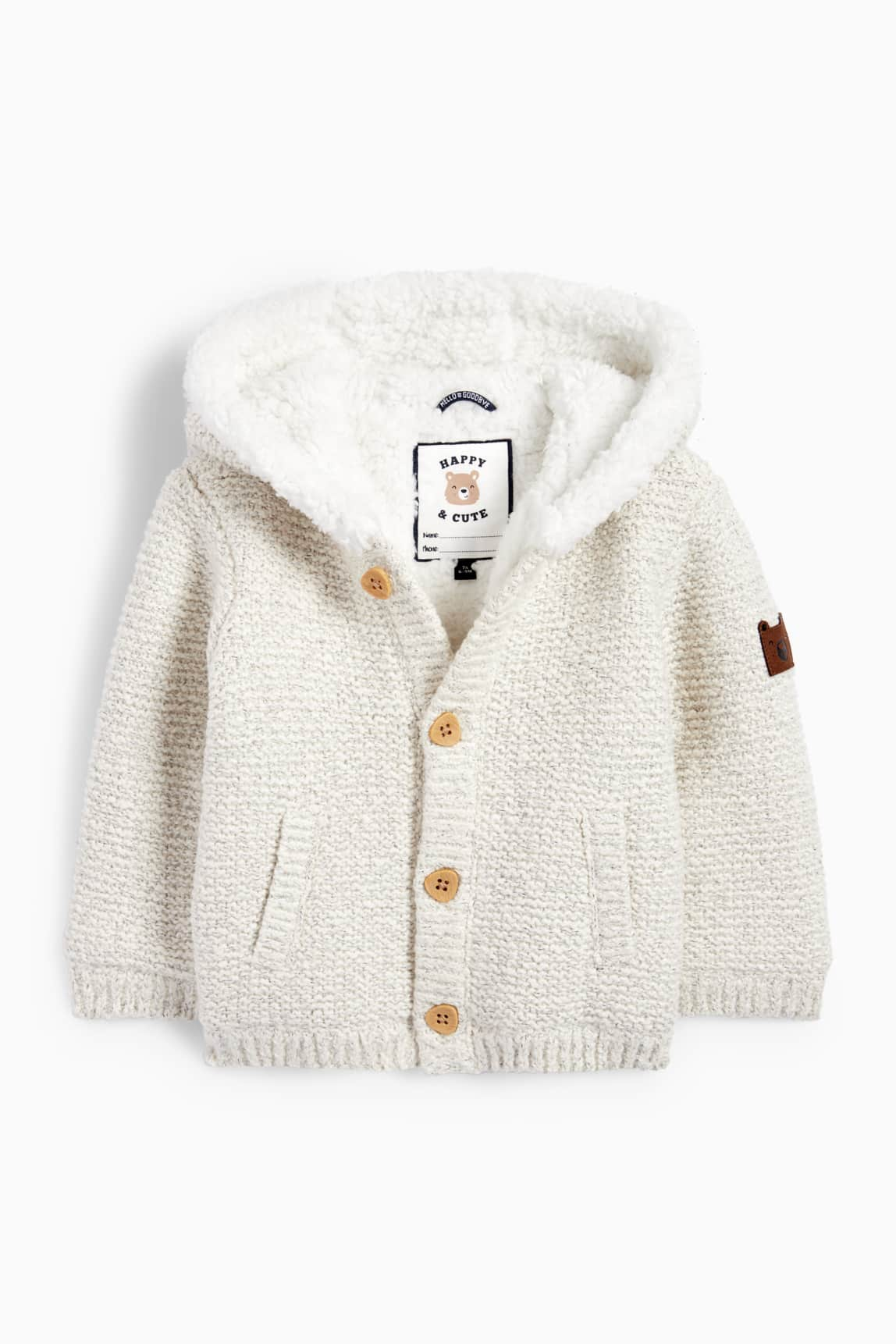 Teddy bear - baby cardigan with hood - lined