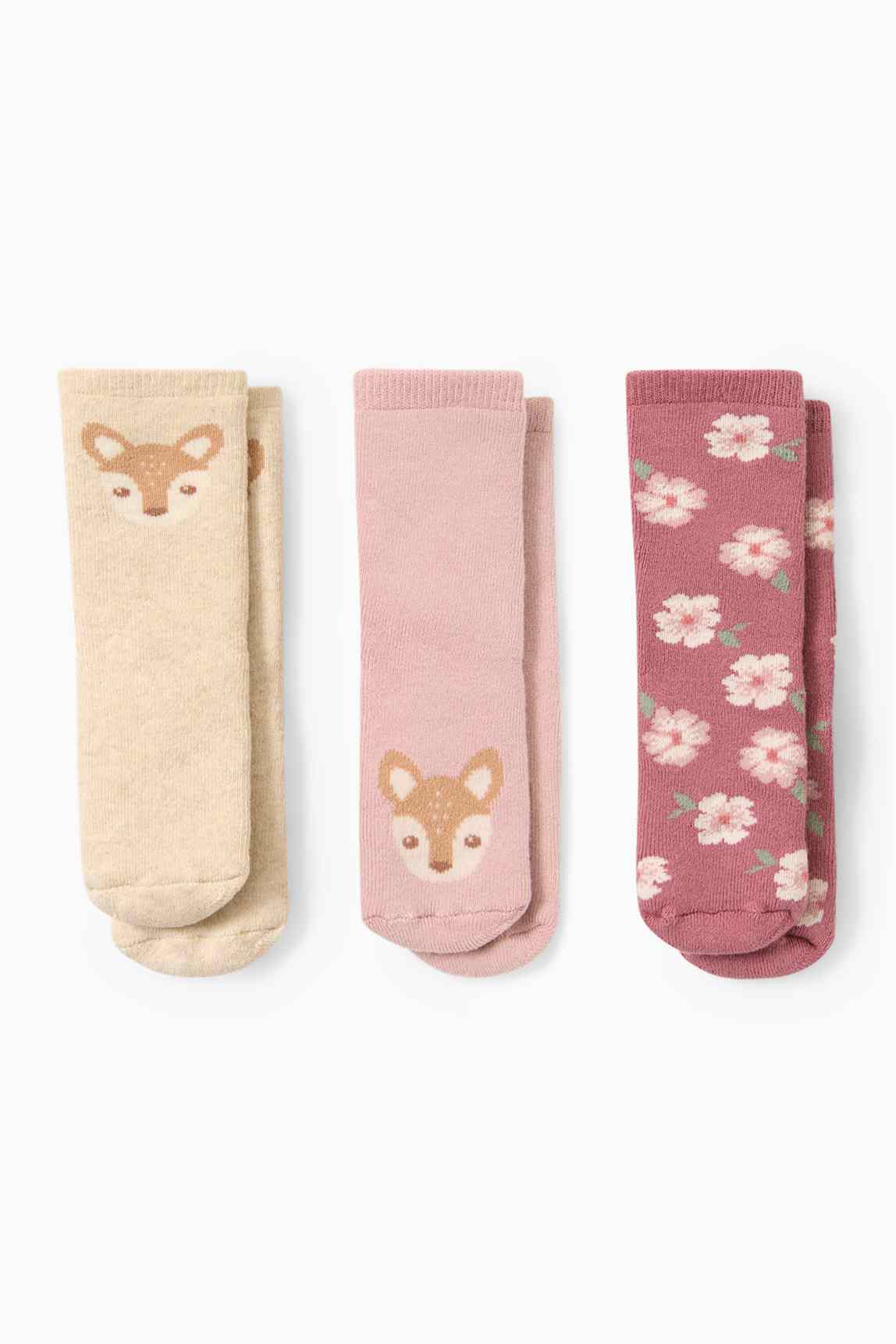 Multipack of 3 - deer - non-slip baby socks with motif