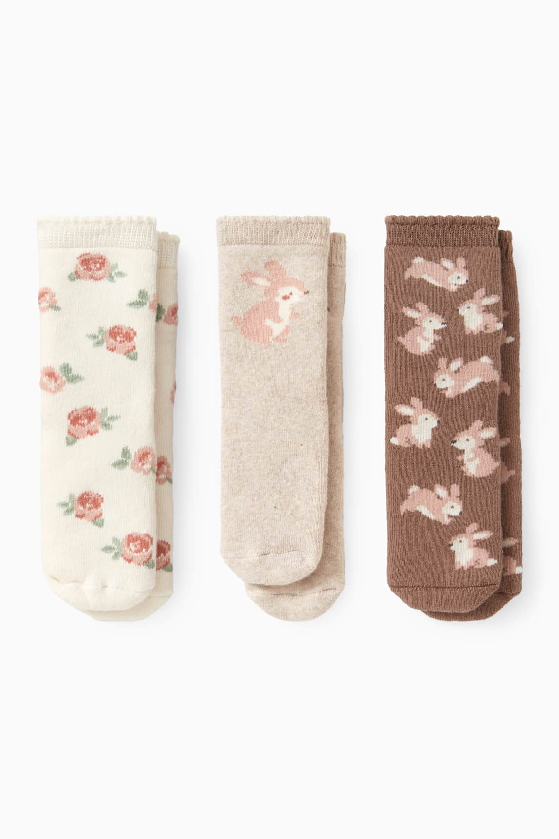 Multipack of 3 - bunny rabbit - baby non-slip socks with motif