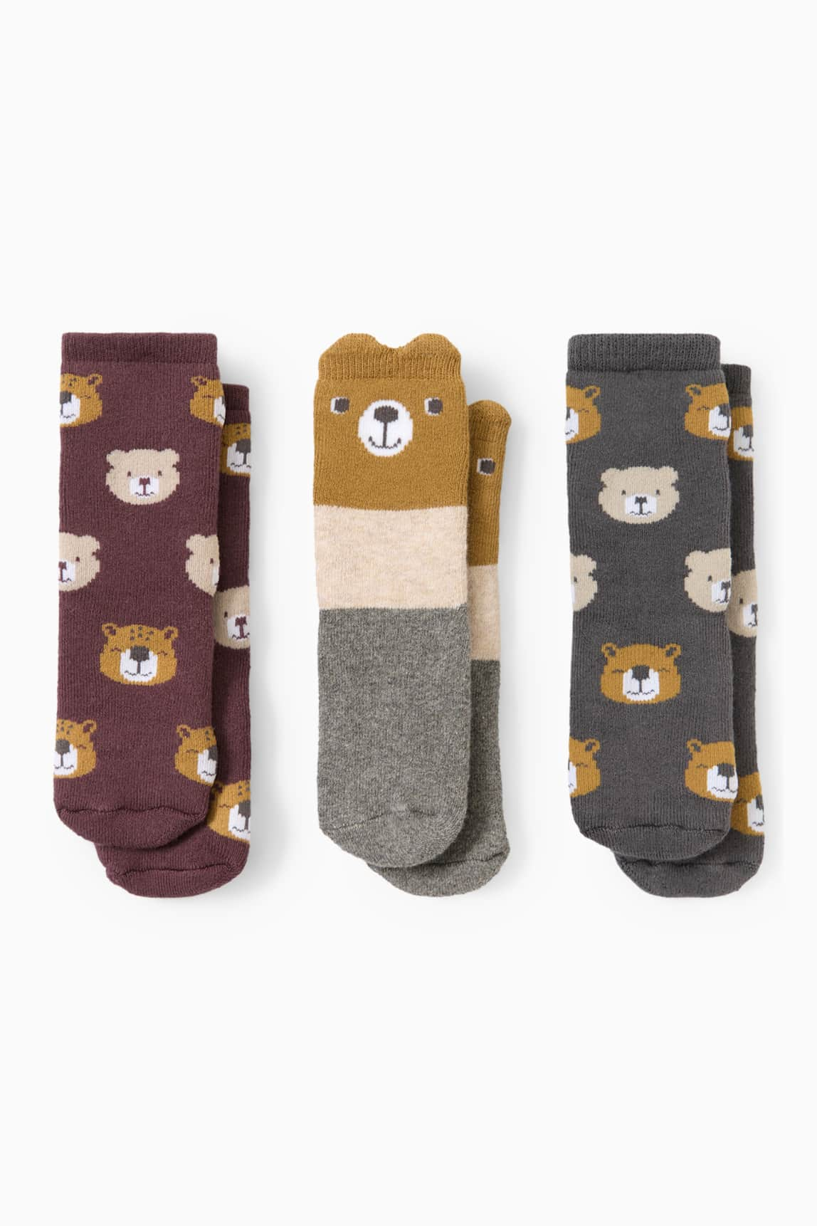 Multipack of 3 - teddy bear - non-slip baby socks with motif