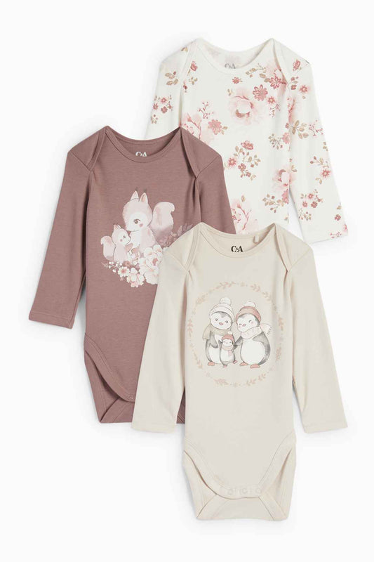 Multipack of 3 - flowers and animals - baby bodysuit