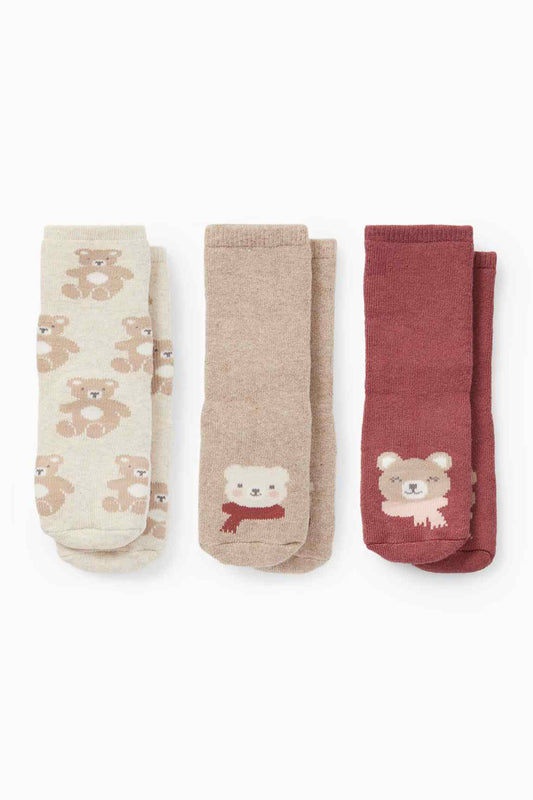 Multipack of 3 - teddy bear - baby non-slip socks with motif