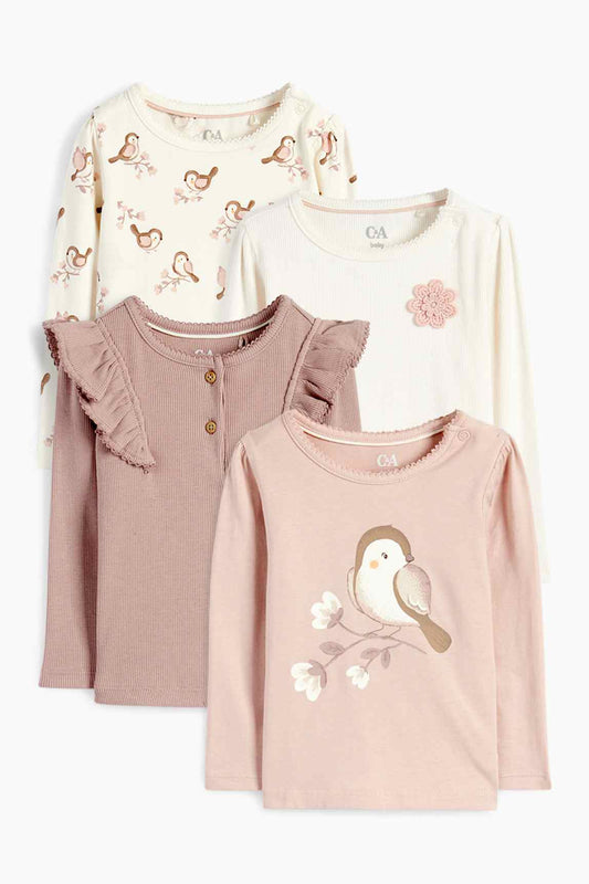 Multipack of 4 - flowers and little bird - baby long sleeve top