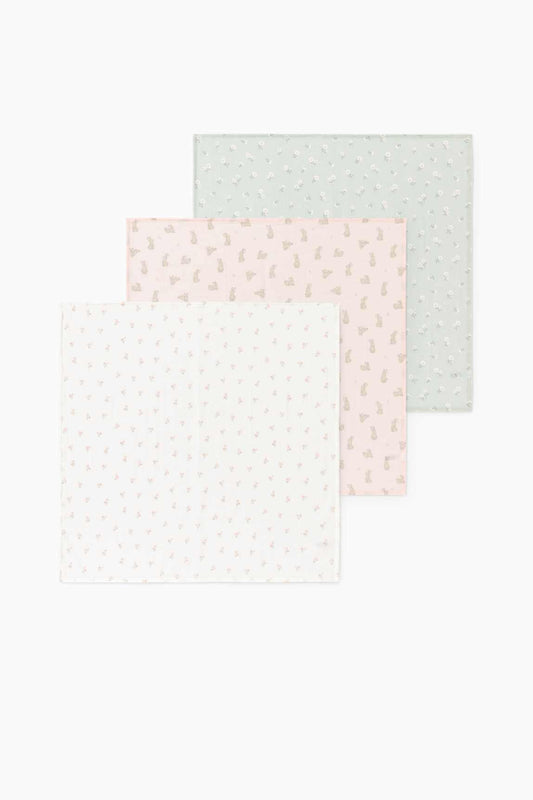 Multipack of 3 - flowers and bunny rabbit - baby muslin square