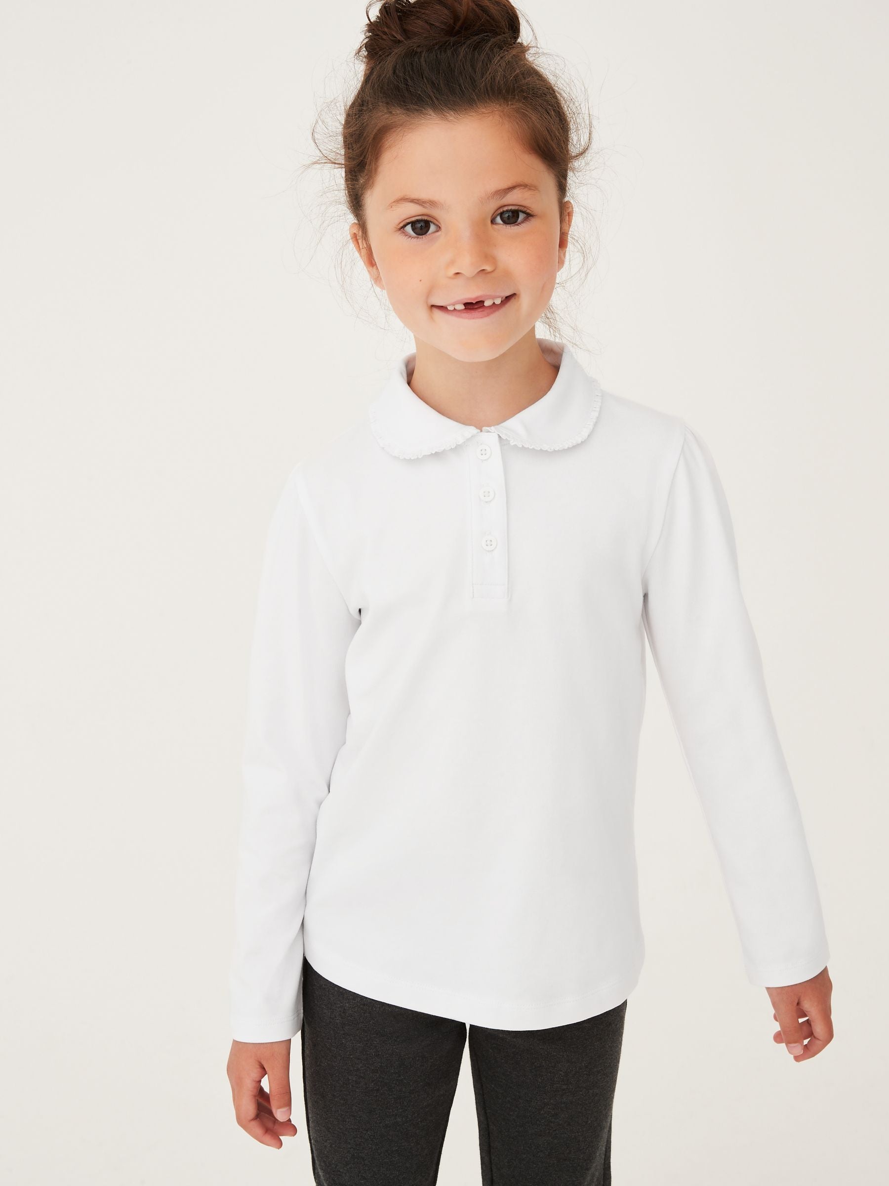 White Cotton stretch Long Sleeve Frill Collar School Polo Tops 2 Pack (3-14yrs)