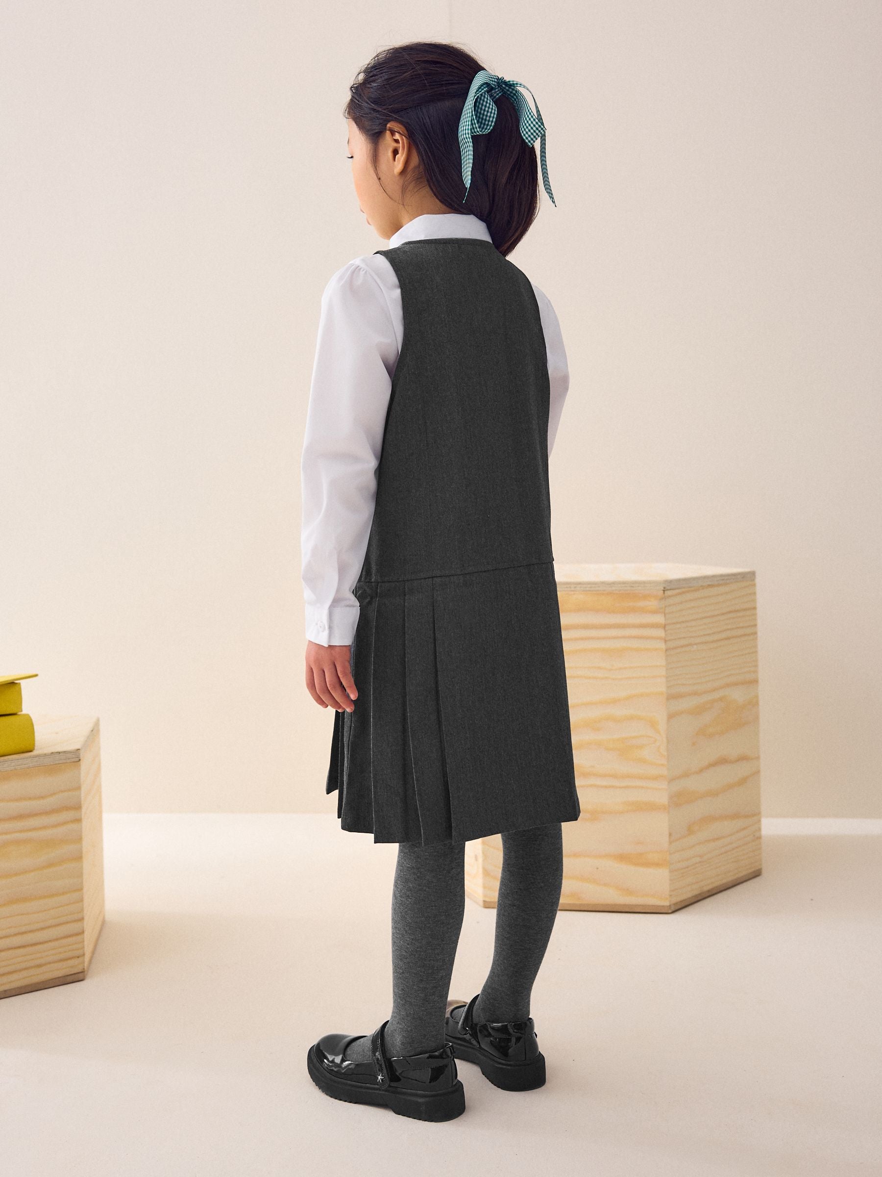 Grey Embroidered Zip Front Pinafore School Dress (3-14yrs)