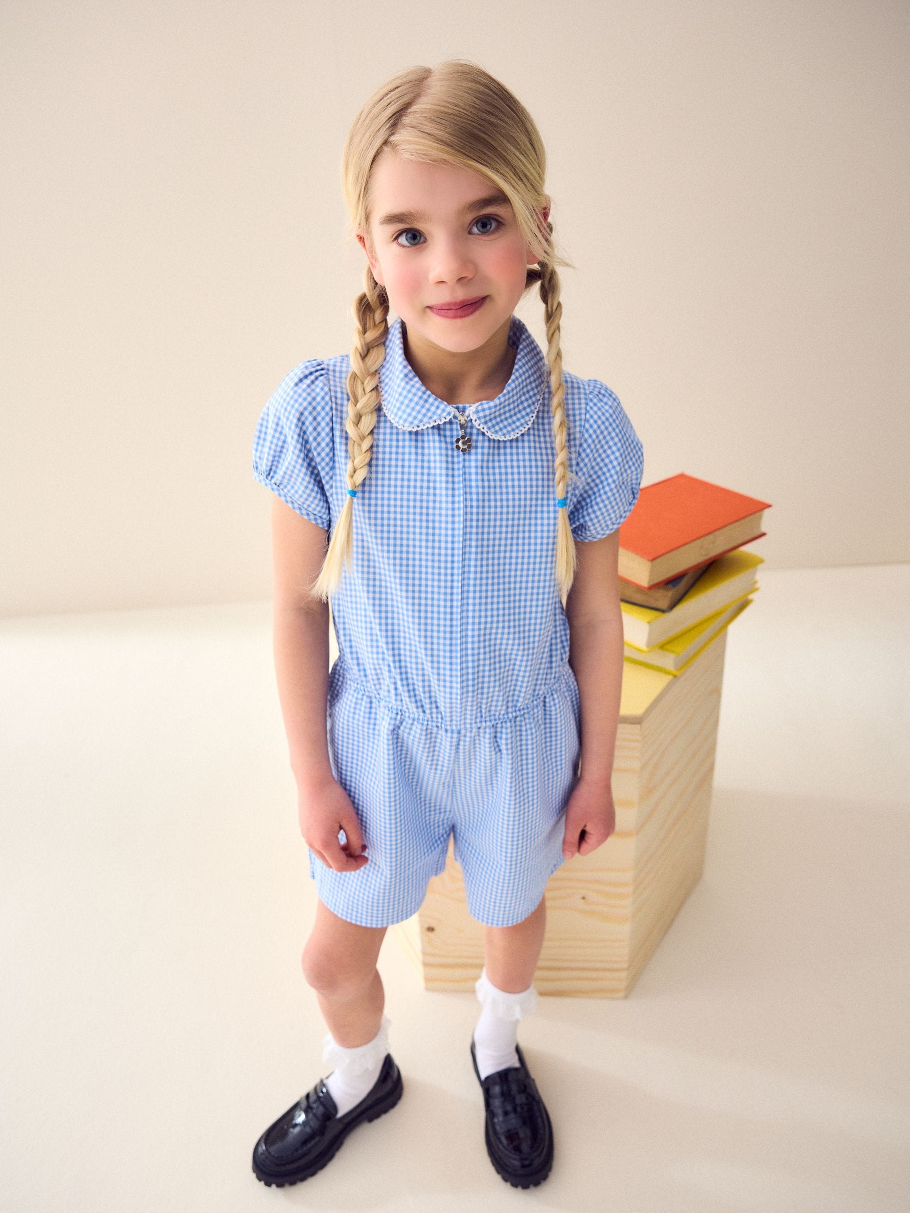 Blue Zip Front Cotton Rich Gingham School Playsuit (3-14yrs)