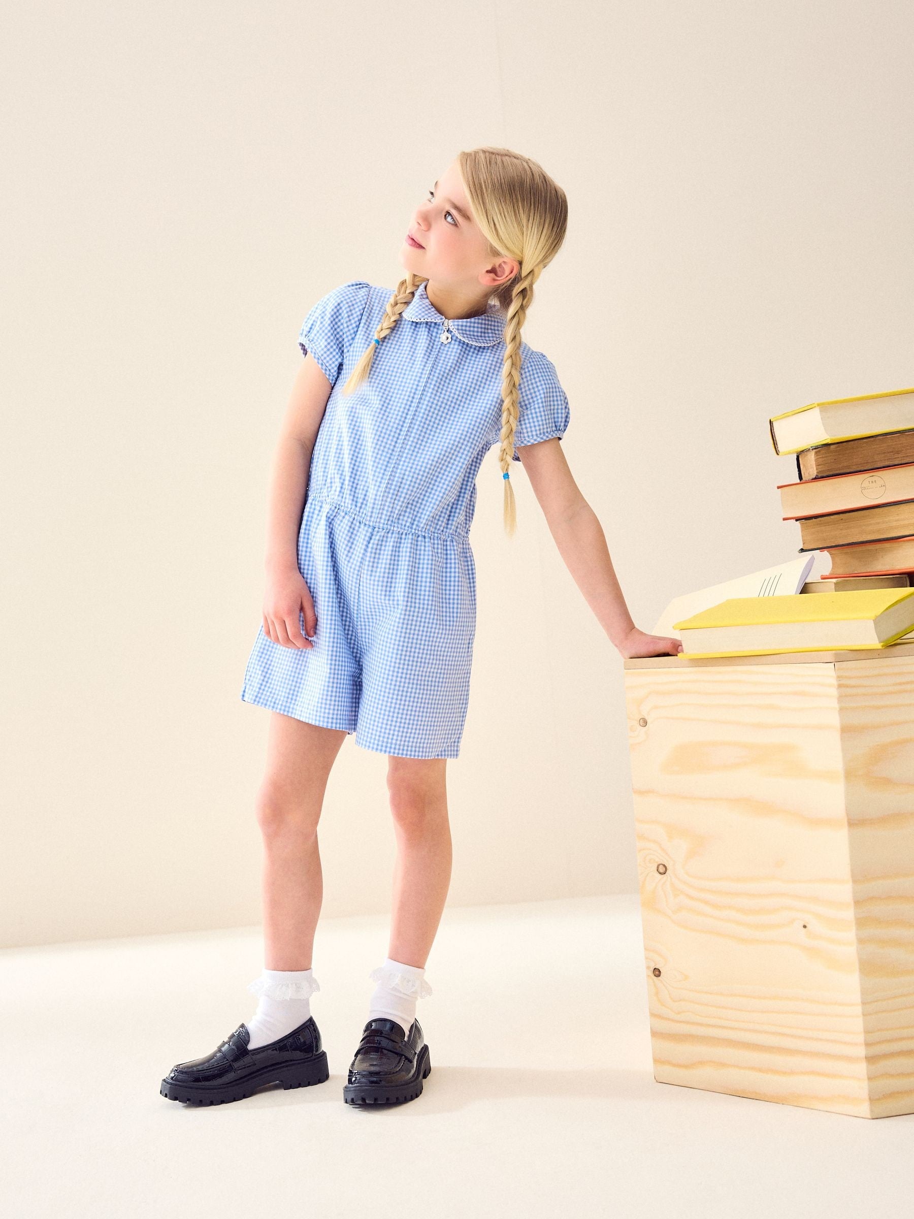 Blue Zip Front Cotton Rich Gingham School Playsuit (3-14yrs)