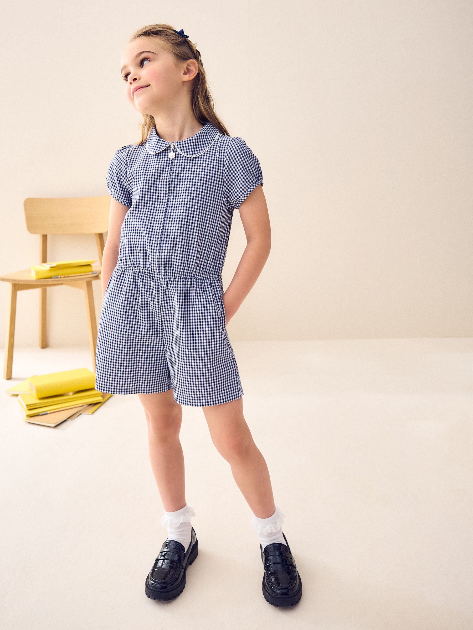 Navy Zip Front Cotton Rich Gingham School Playsuit (3-14yrs)